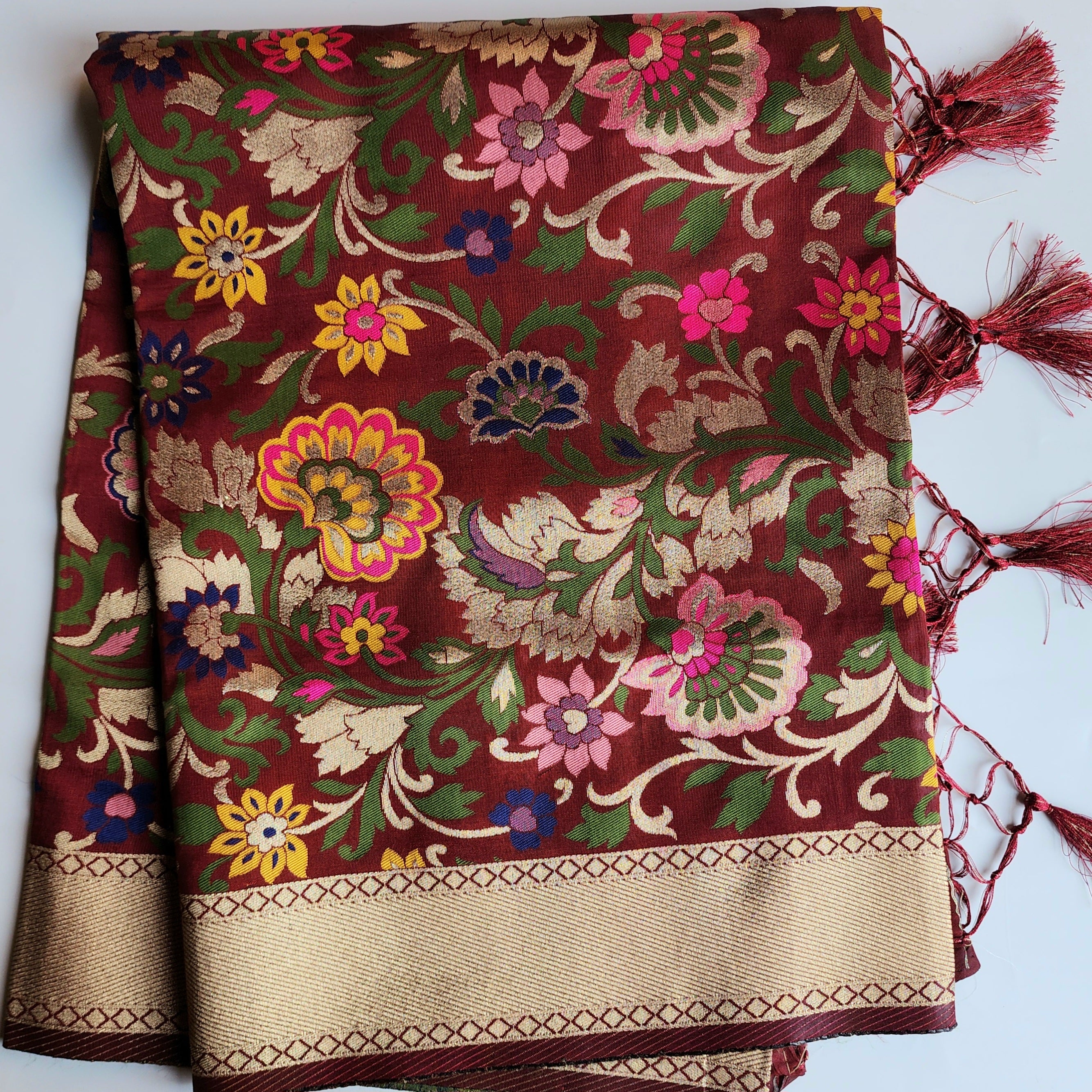 Banarasi Silk Brown Dupatta with Multicolor & Gold Floral Handweaving