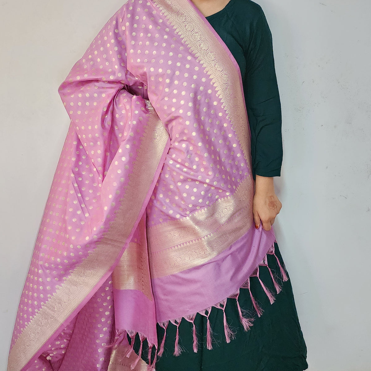 Mauve Pink Banarasi Silk Dupatta with Gold Polka Dot