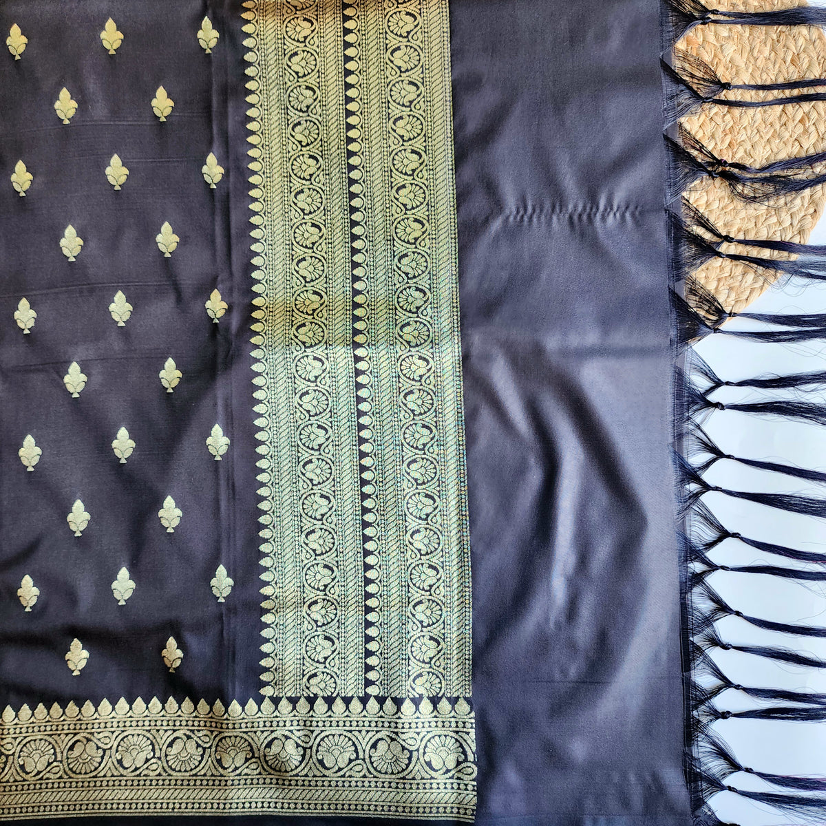 Charcoal Black Banarasi Tapetta Silk Leaf Weave Dupatta