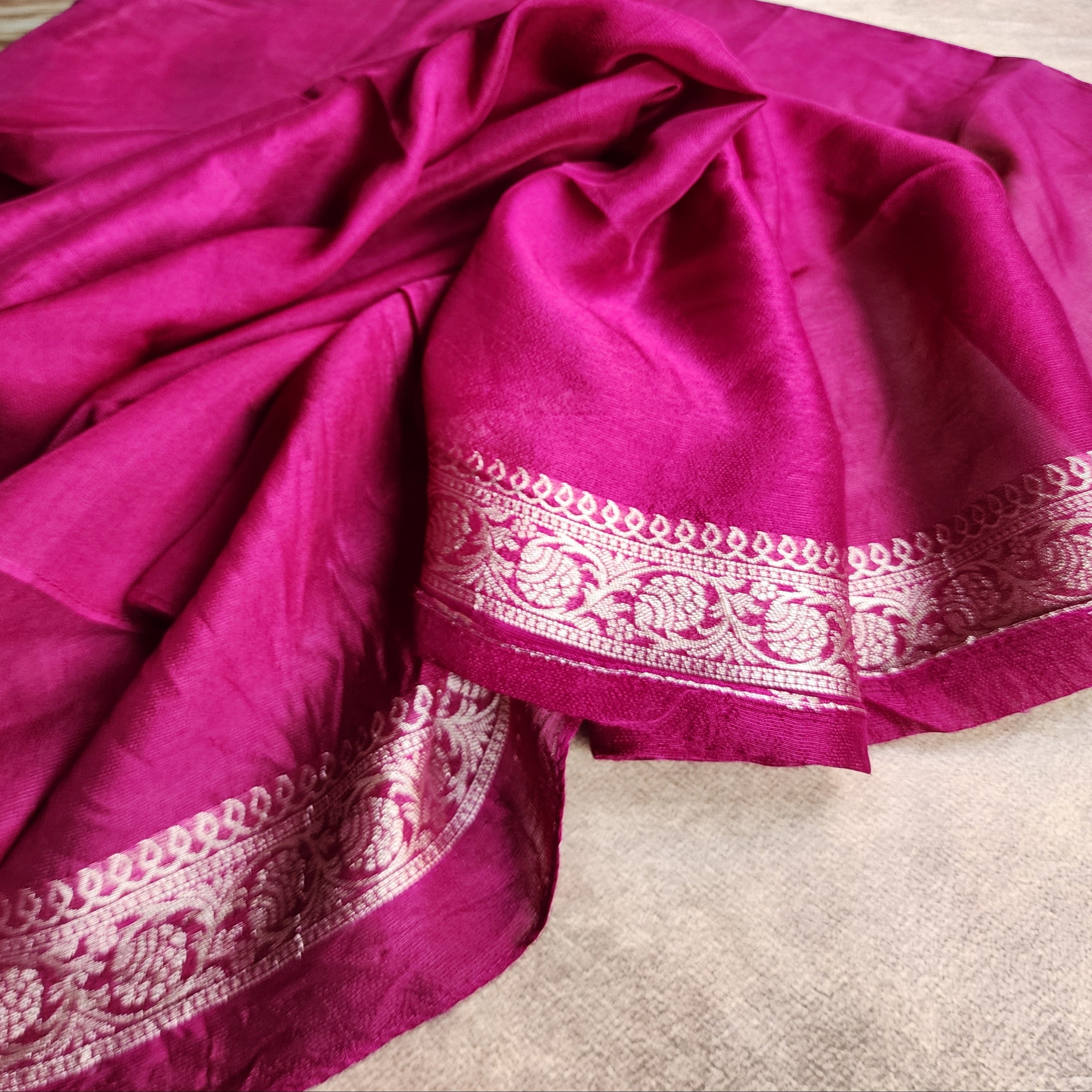 Soft Wine Raw Silk Saree With Pastel Floral Weaving and Off White Border