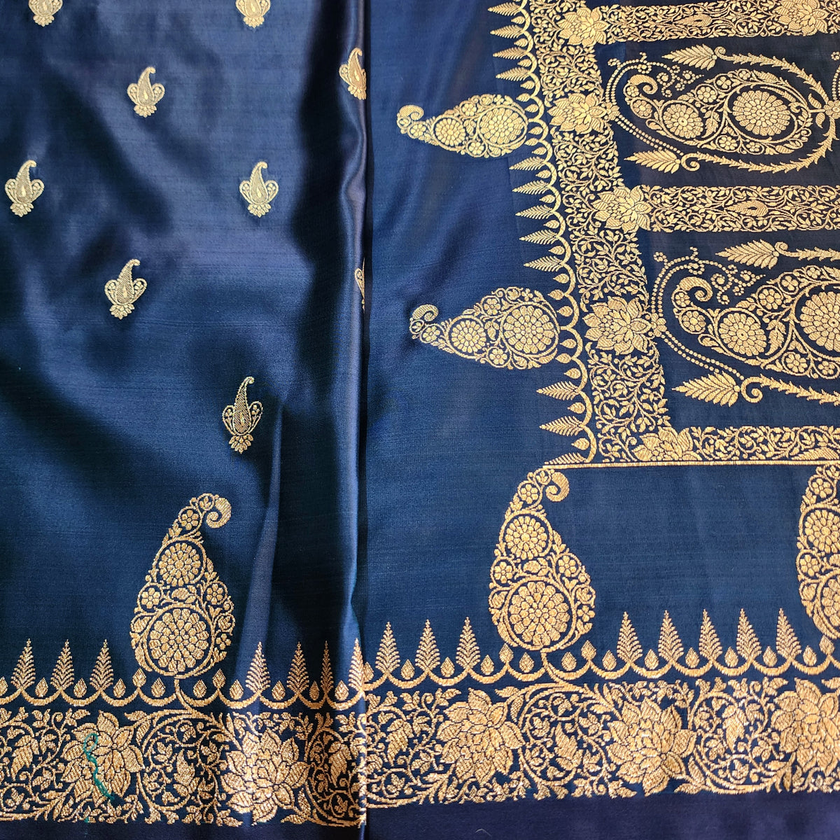Midnight Blue Paisley Katan Silk Saree with Gold Zari