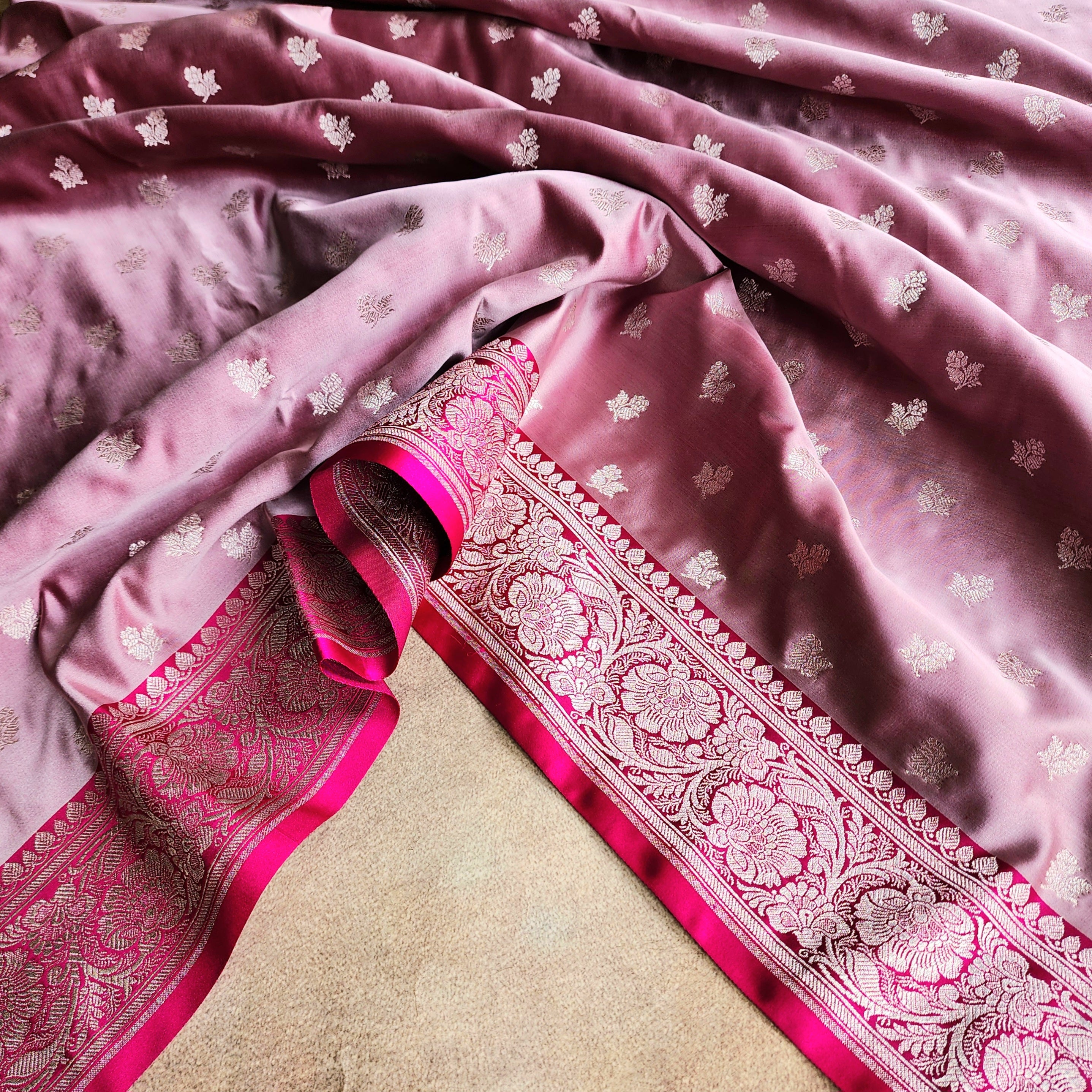 Dusty Mauve Pure Banarasi Katan Silk Saree with light Gold Zari Weaving