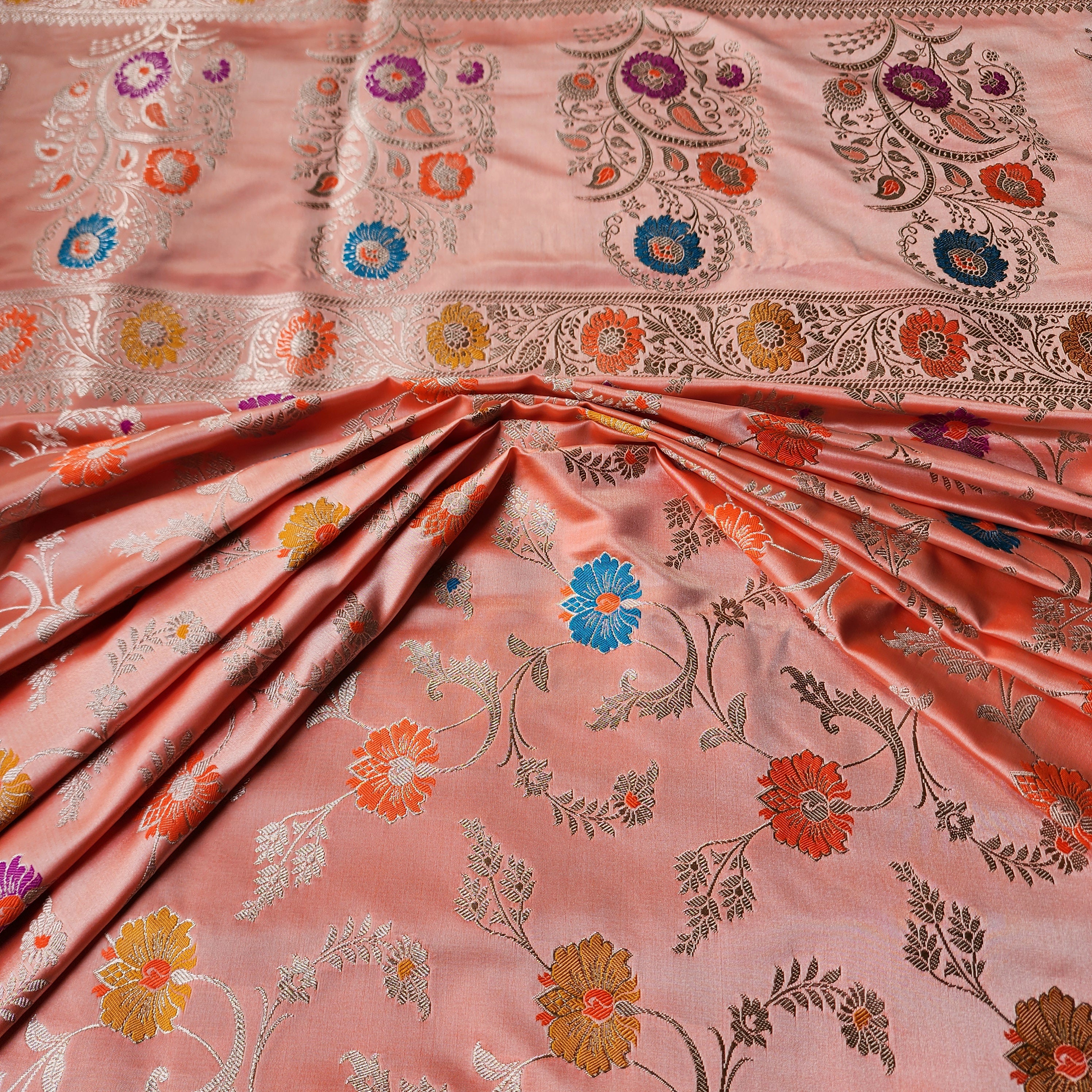 Enriched Banarasi Katan Silk Saree | Peach Multicolor Meenakari Floral Jaal