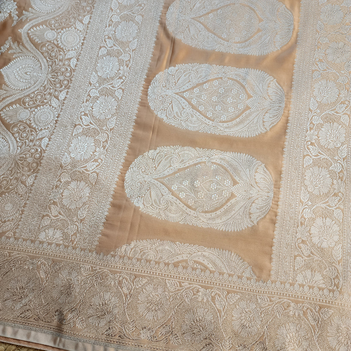 Peach Beige Banarasi Katan Silk Saree with Floral Vine Jaal