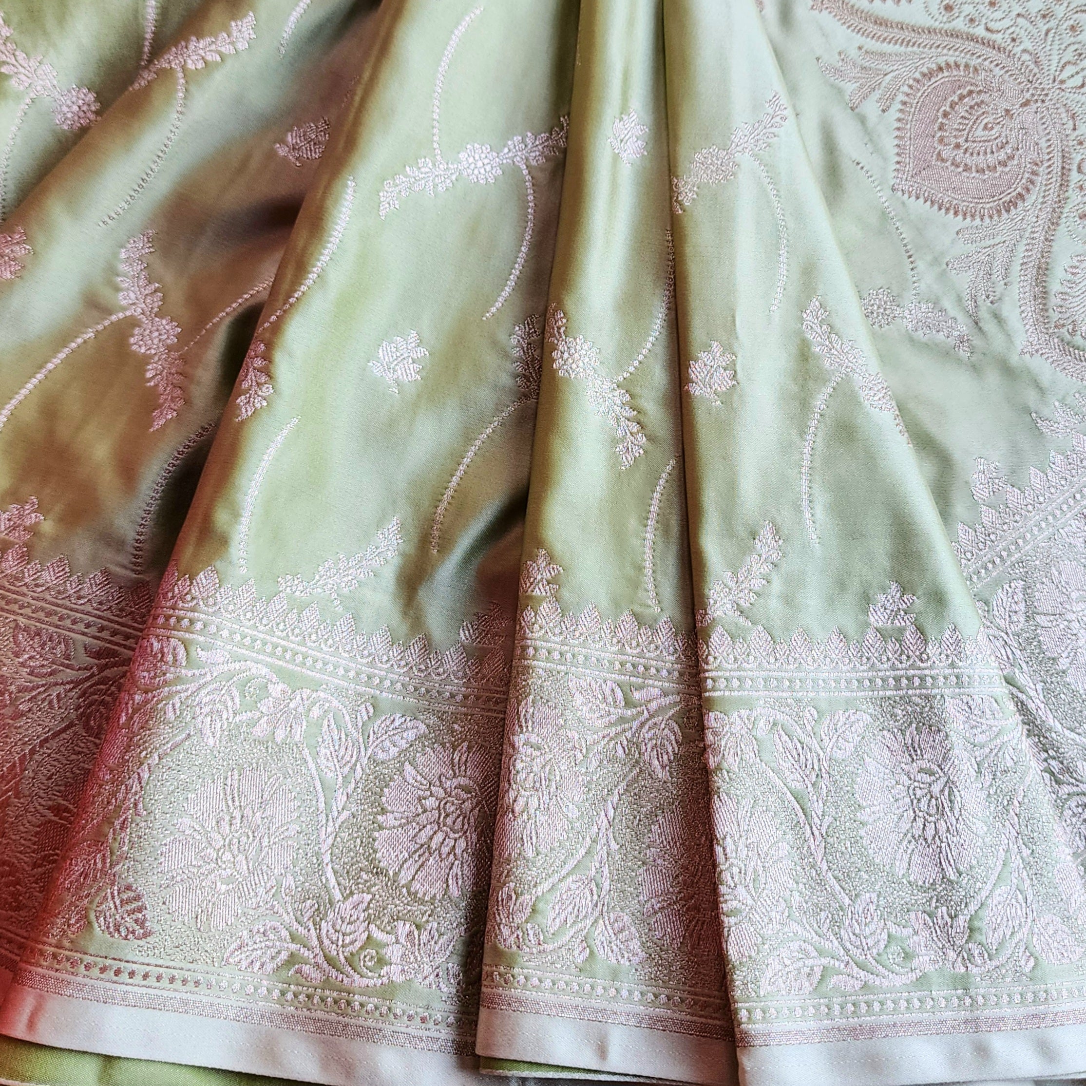 Pastel Sage Green Banarasi Katan Silk Saree with Light Gold Zari weaving