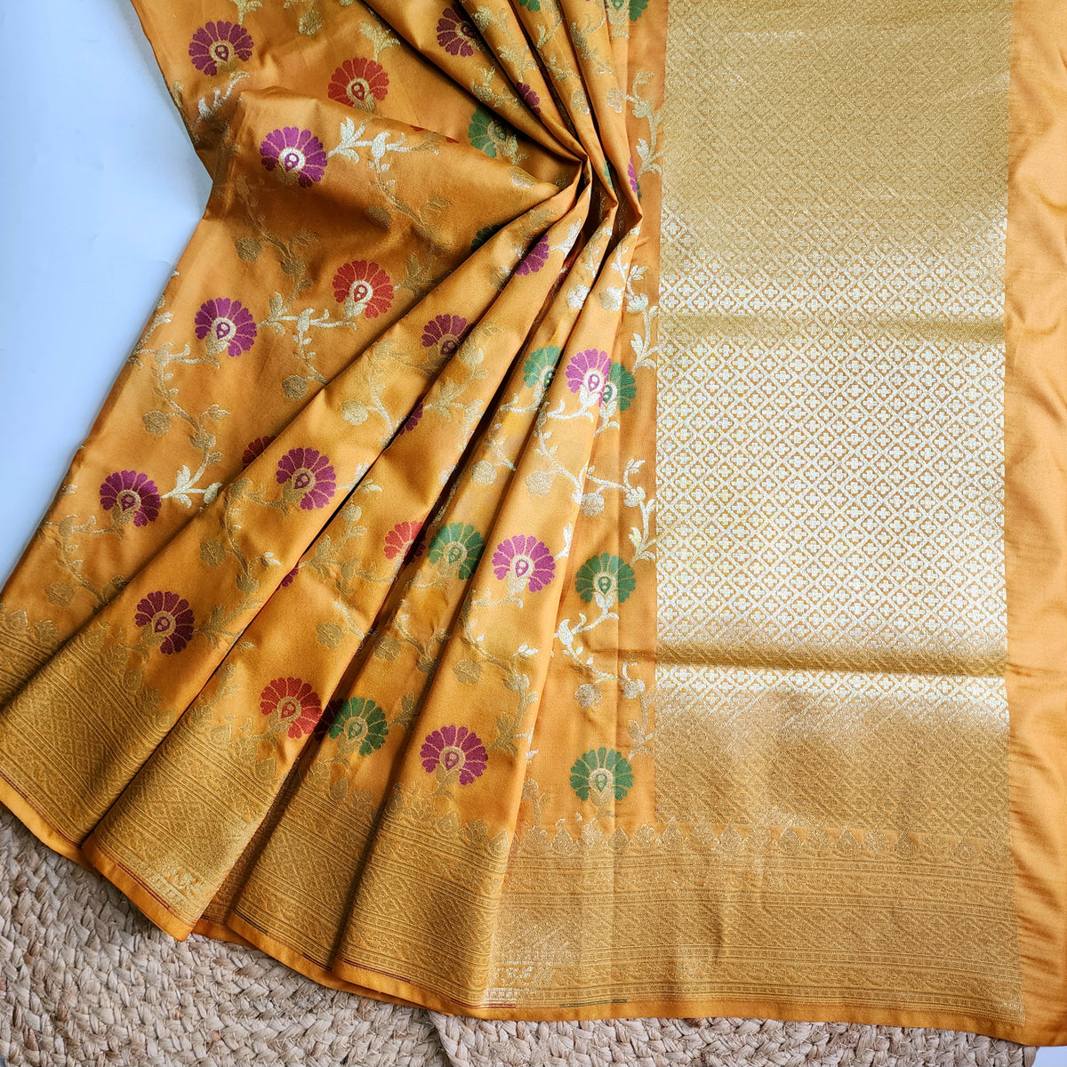 Banarasi Silk Floral Jaal Dupatta - Mustard Gold