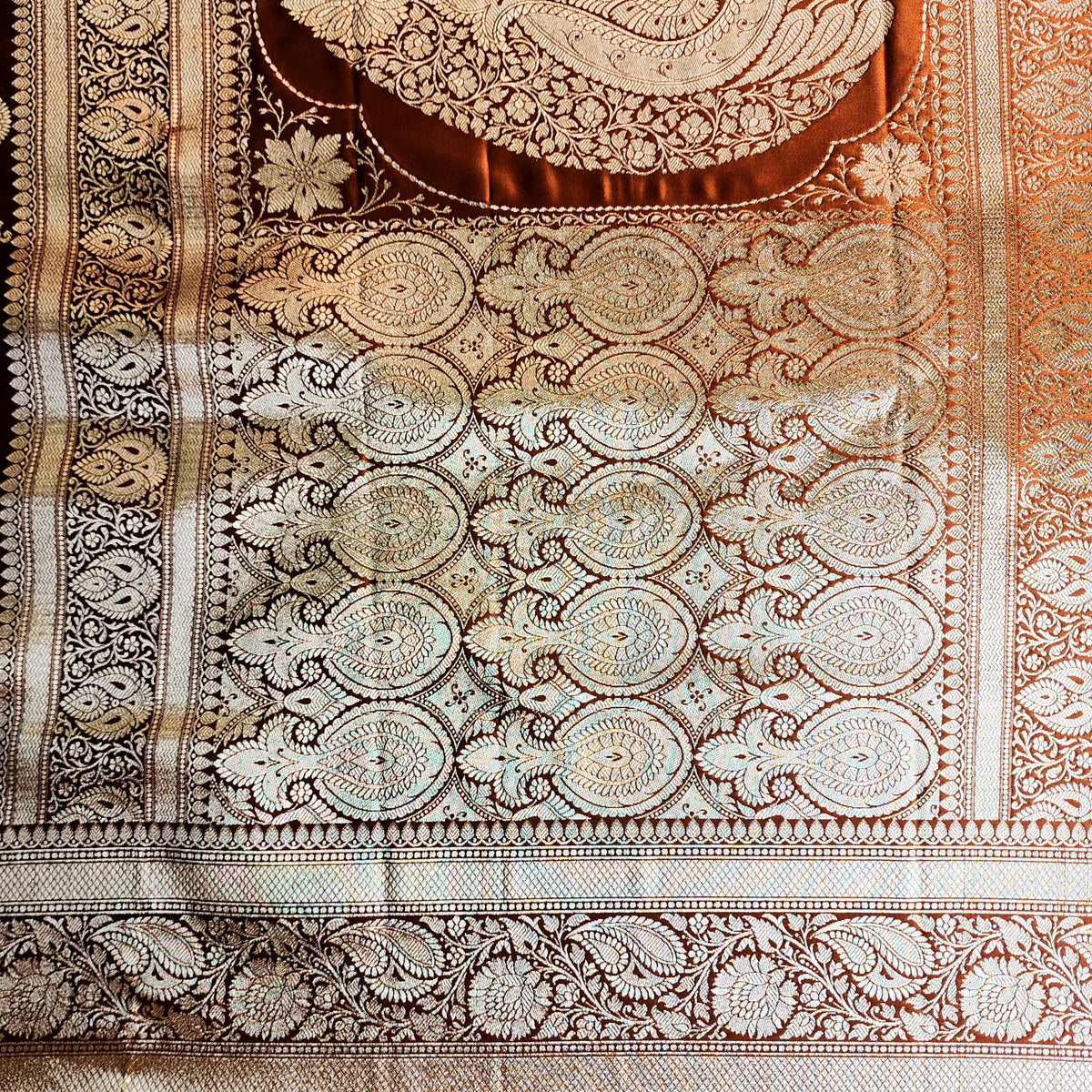Rich Burnt Copper Pure Banarasi Katan Silk Saree with light Gold Zari Weaving