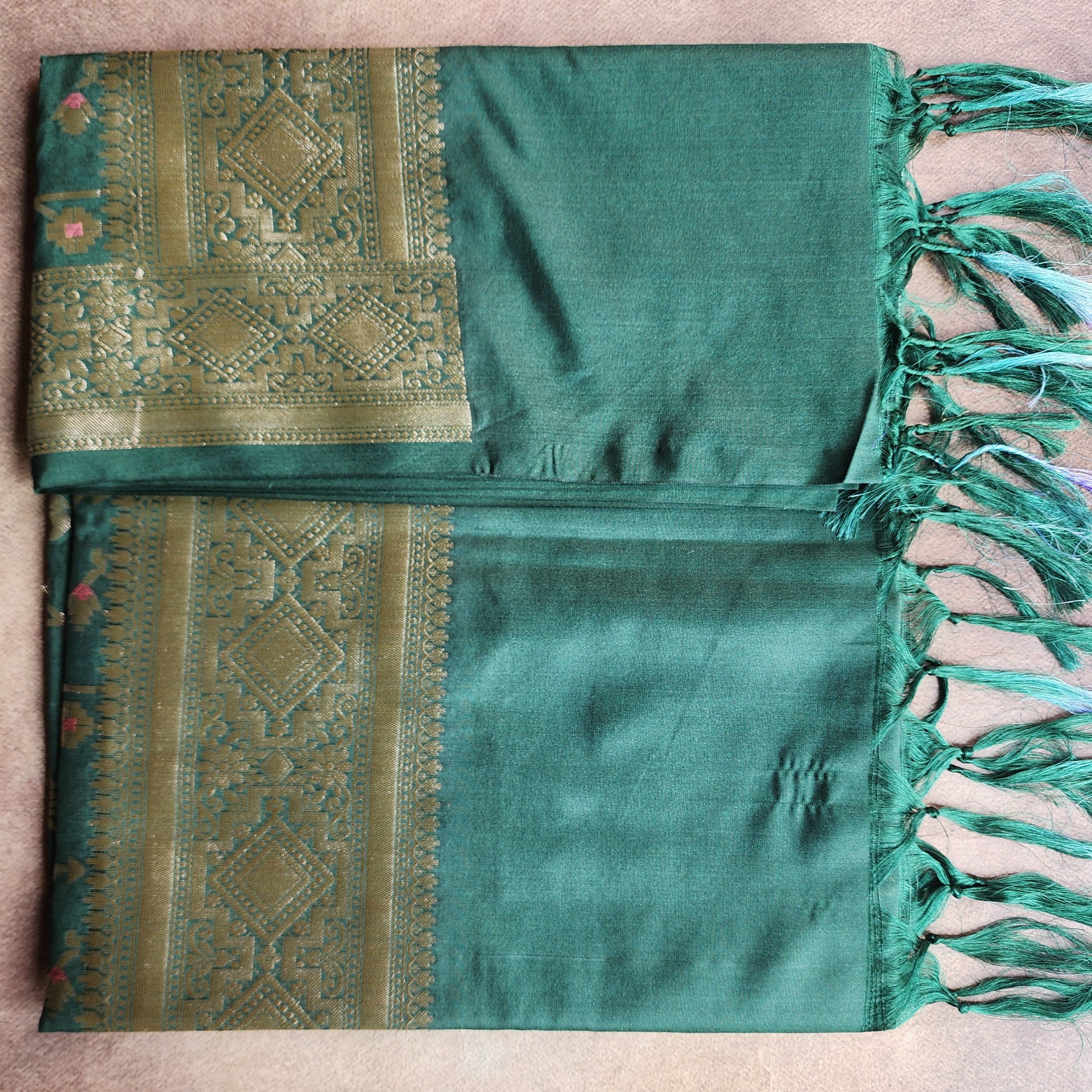 Golden Grid Banarasi Silk Dupatta with Meenakari Work in Dark Bottle Green