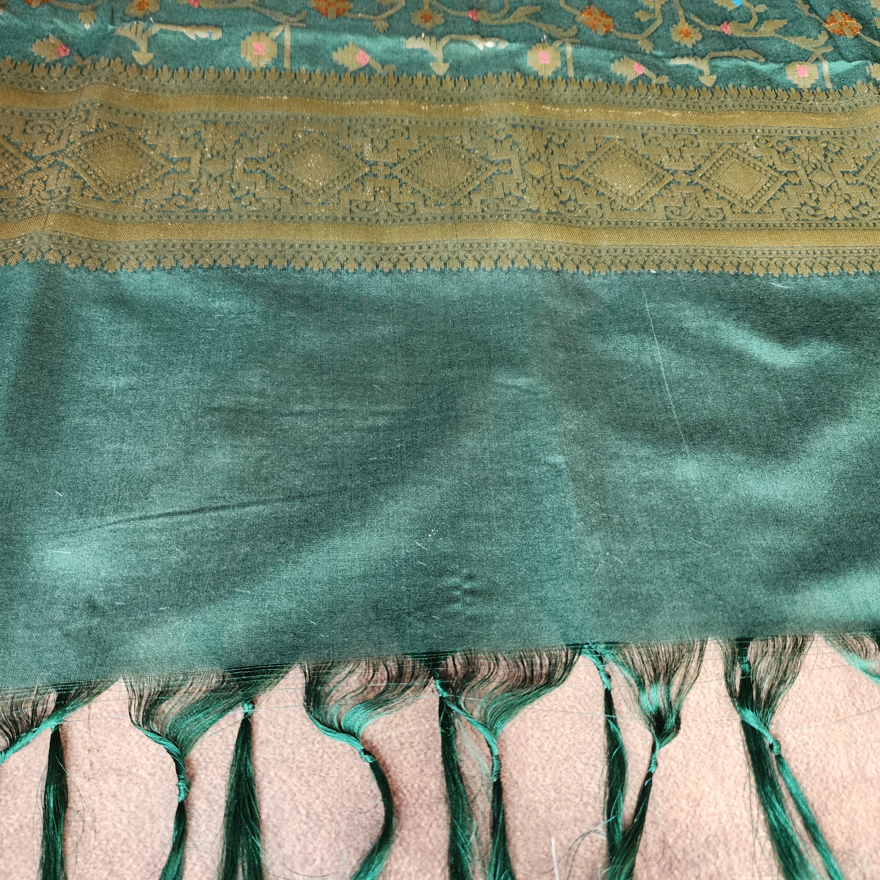 Golden Grid Banarasi Silk Dupatta with Meenakari Work in Dark Bottle Green