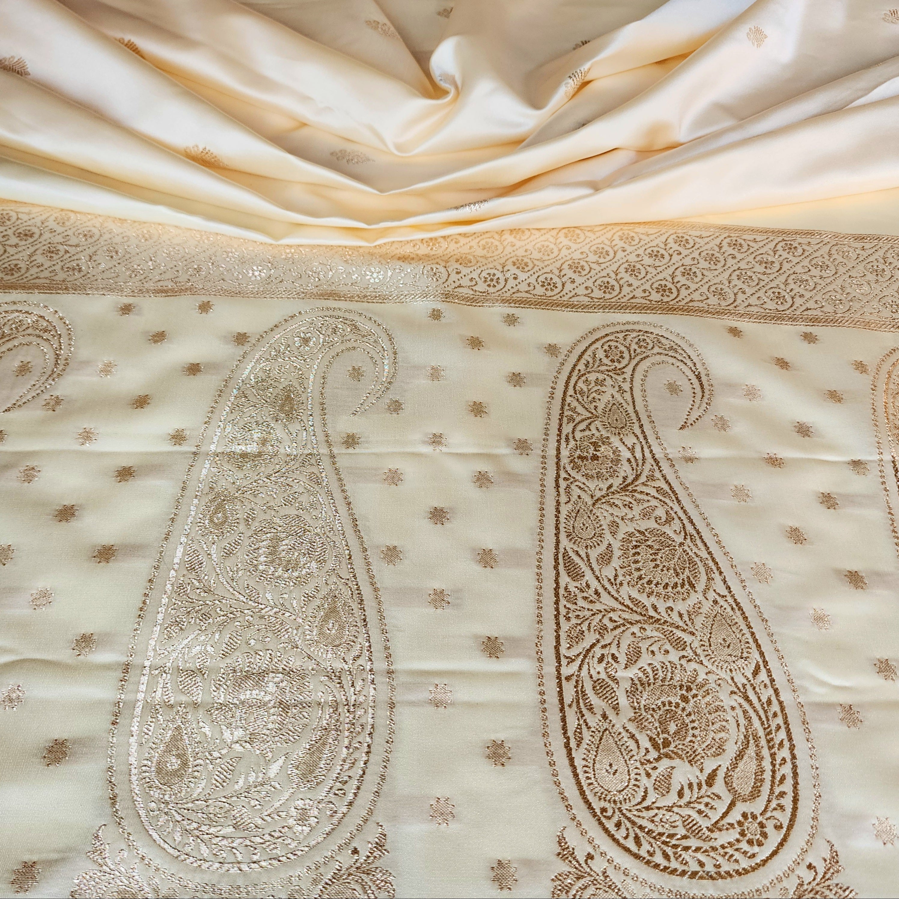 White Katan Silk Saree with Green and Gold Zari Border