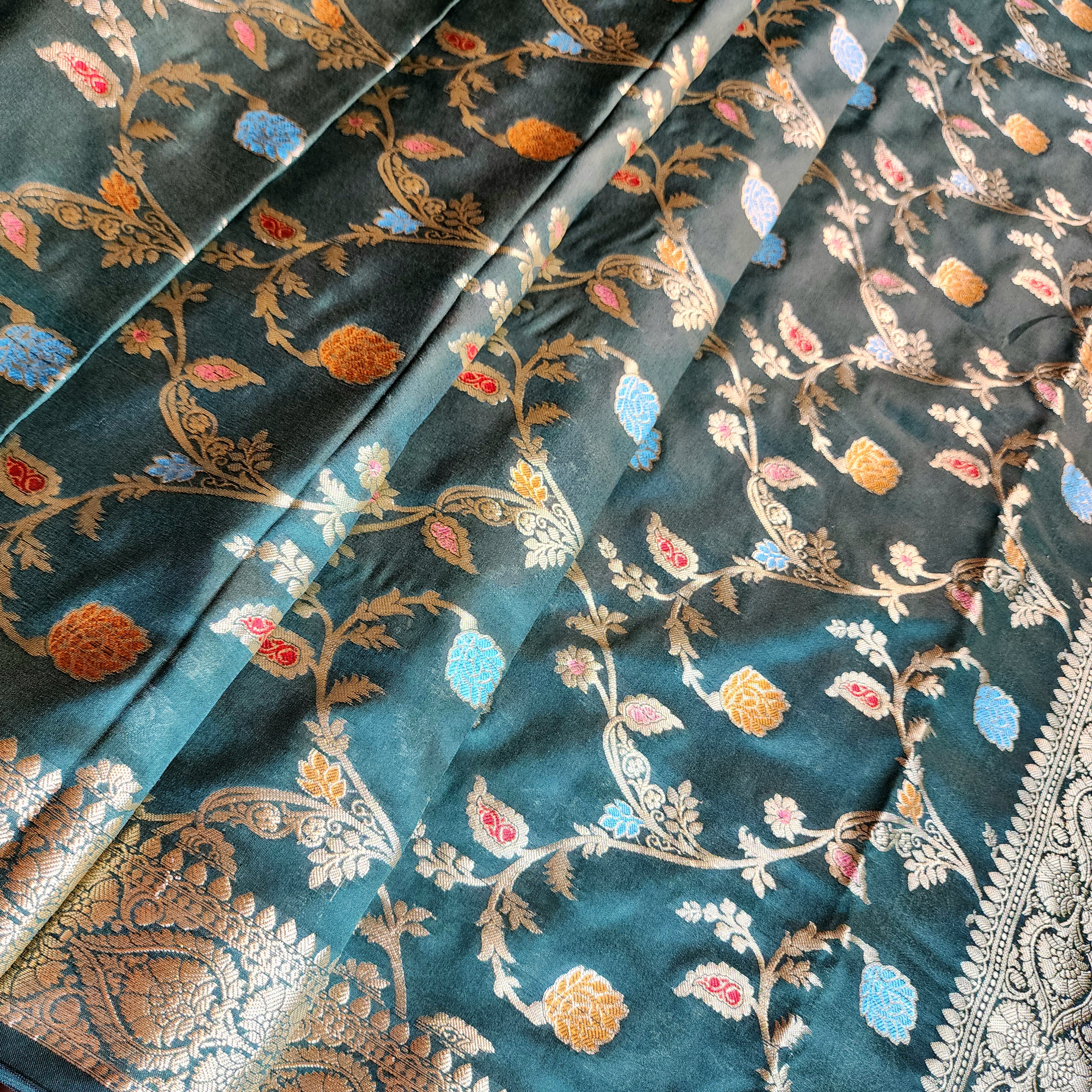 Bottle Green Banarasi Silk Dupatta with Gold Zari Border & Multicolor Meenakari Work