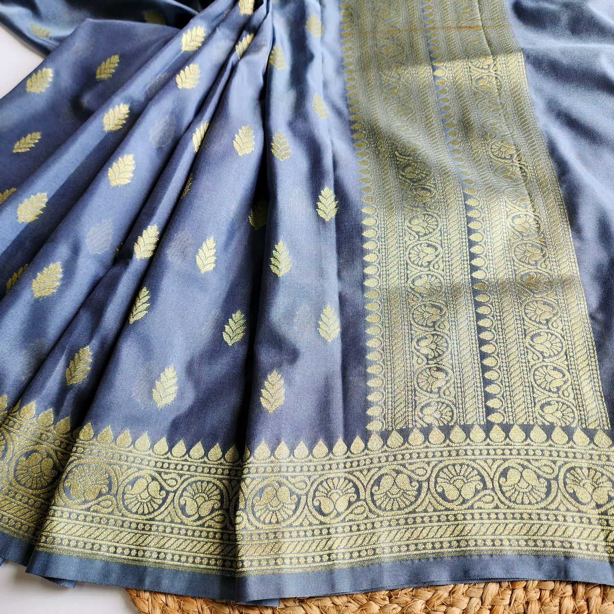 Steel Blue Banarasi Tapetta Silk Leaf Weave Dupatta