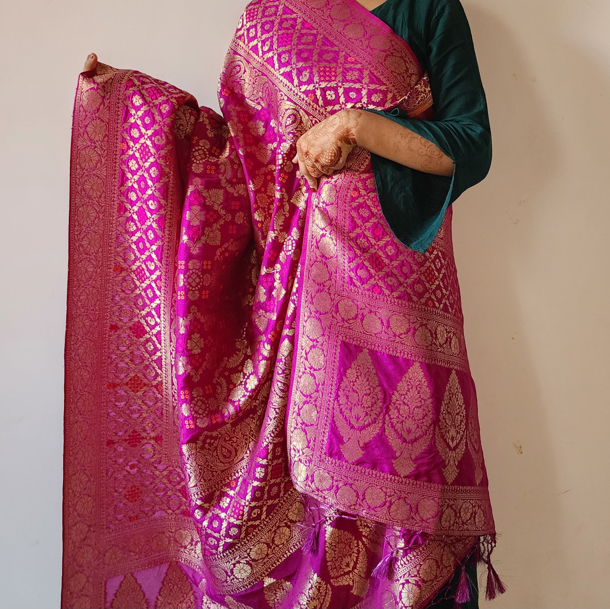 Berry Purple Bandhani Dupatta with Floral and Geometric Zari Weave