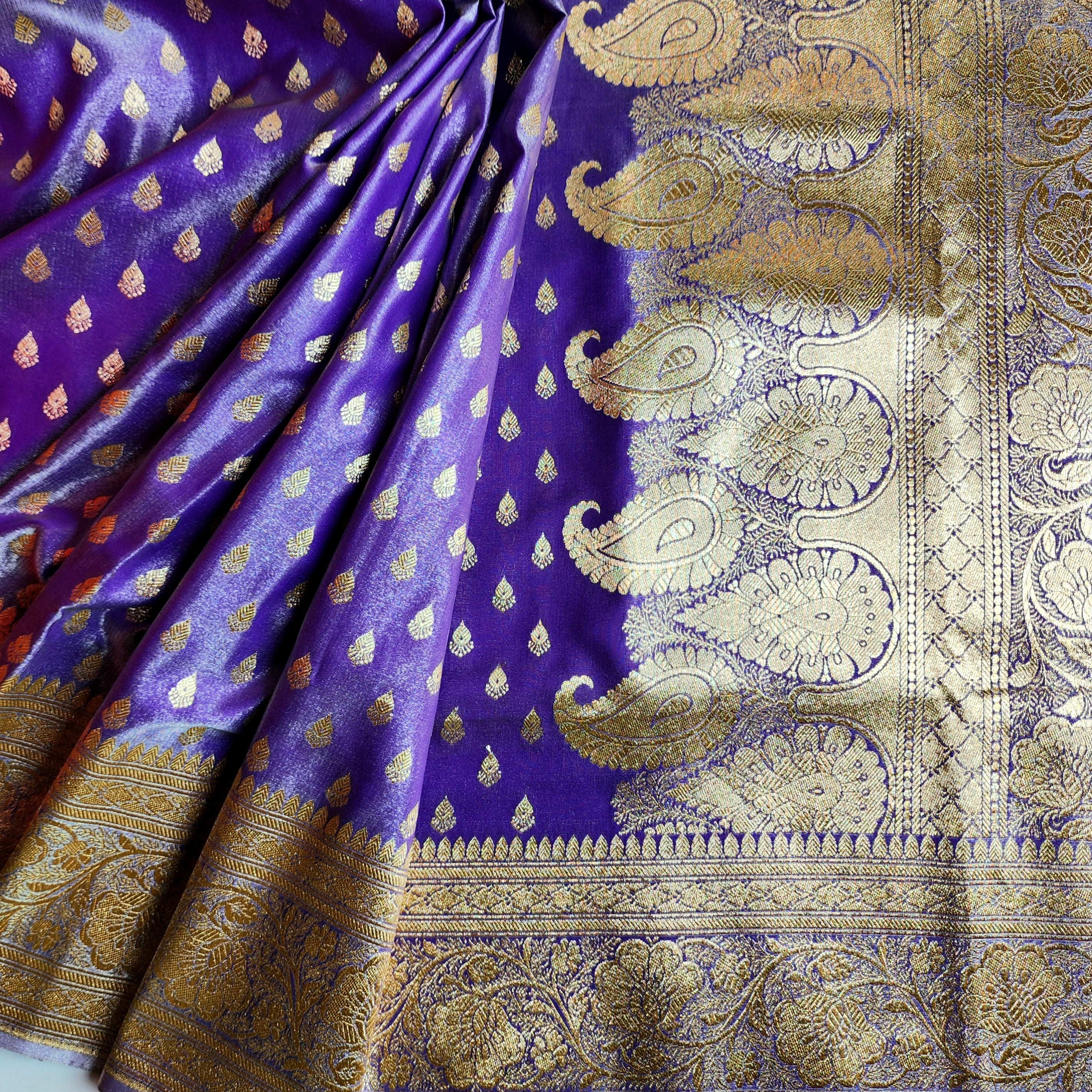 Rich Indigo Purple Banarasi Silk Saree with Gold Zari Weaving
