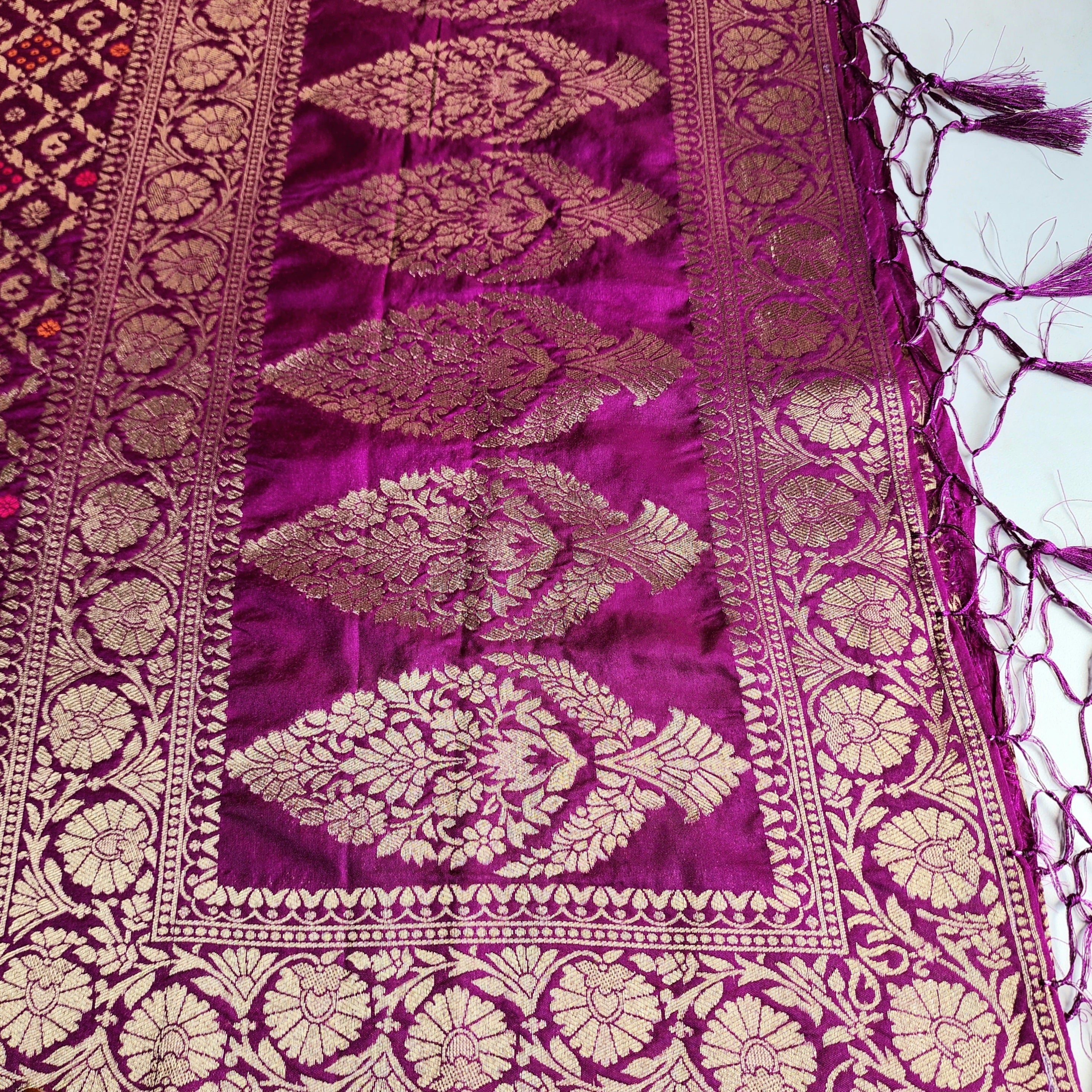 Berry Purple Bandhani Dupatta with Floral and Geometric Zari Weave