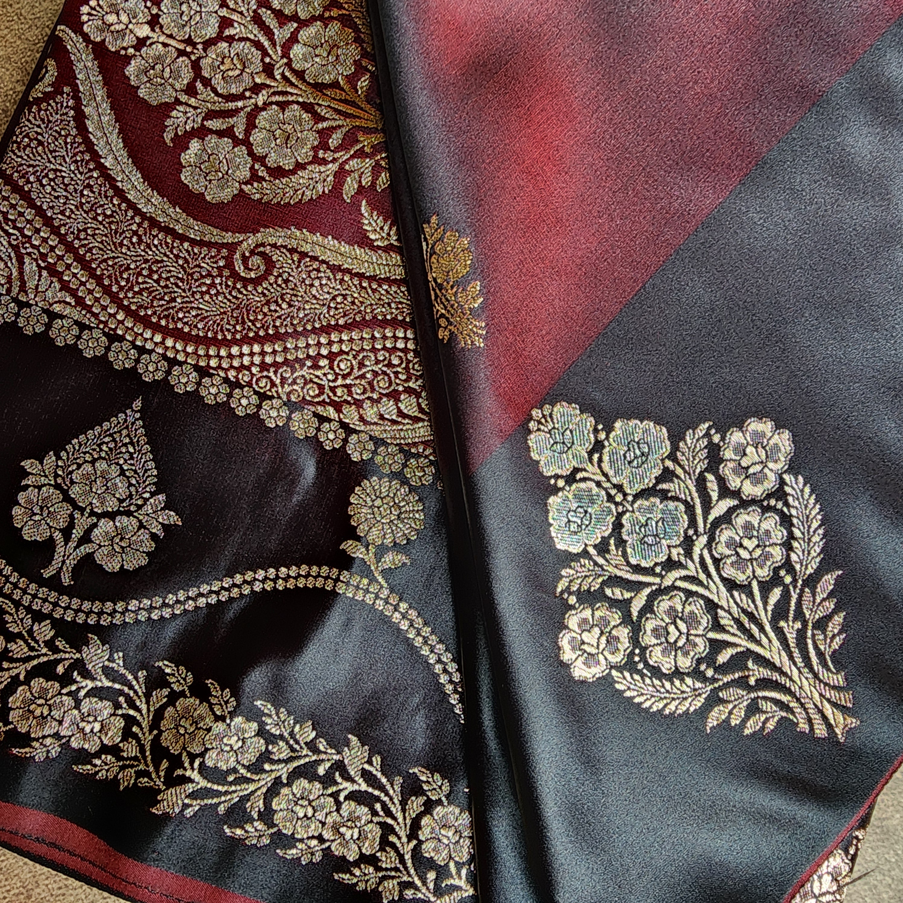 Dual-Tone Maroon Pure Banarasi Katan Silk Saree