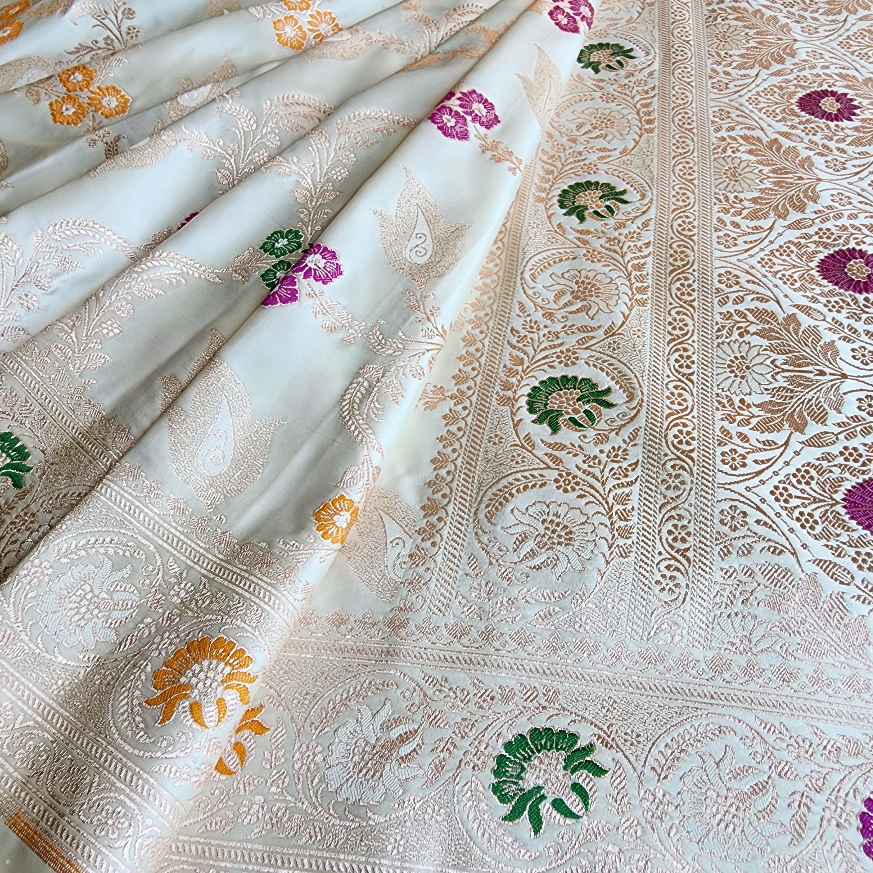 Enriched White Banarasi Katan Silk Saree with Multicolor Meenakari Floral Jaal