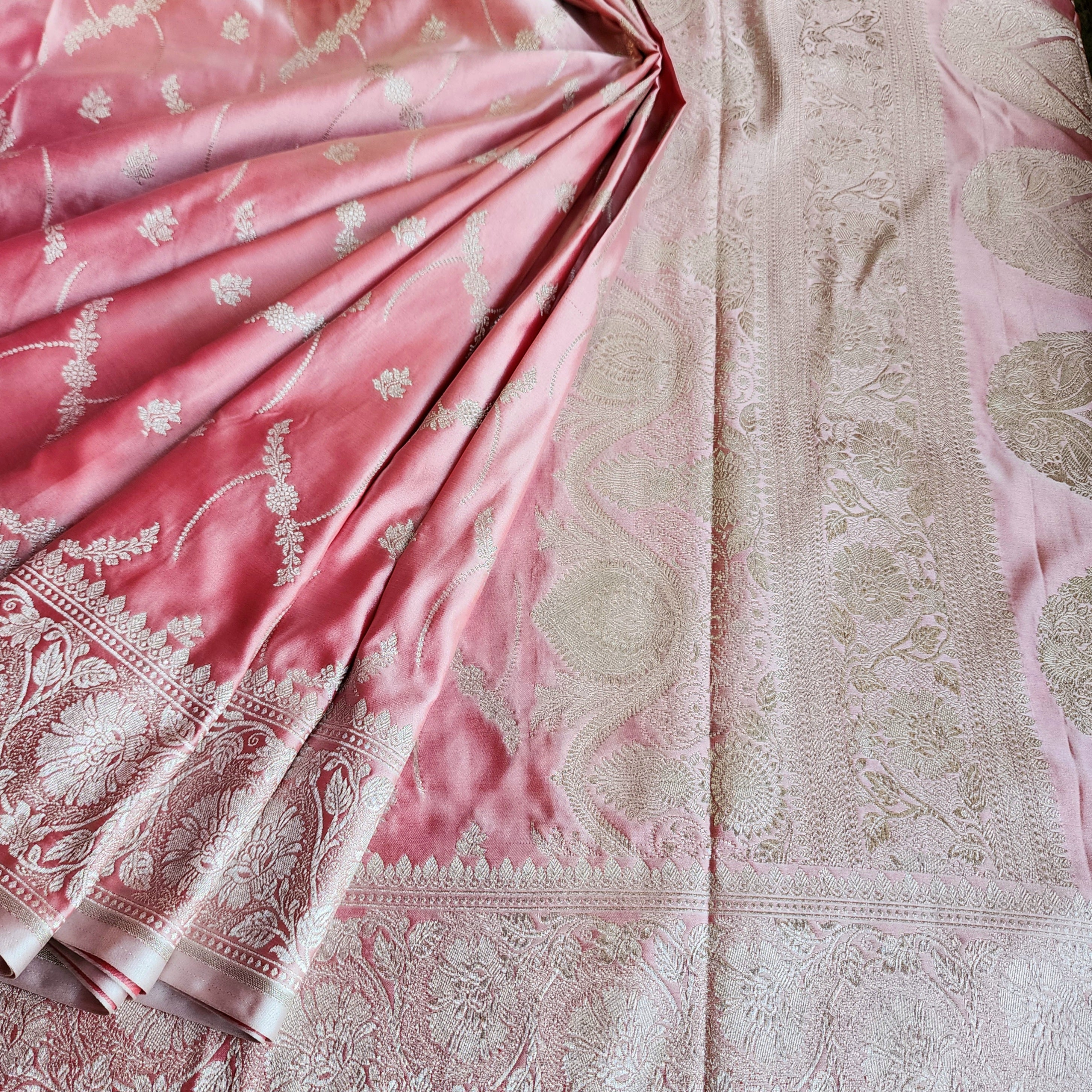 Pastel Baby Pink Banarasi Katan Silk Saree with Light Gold Zari weaving