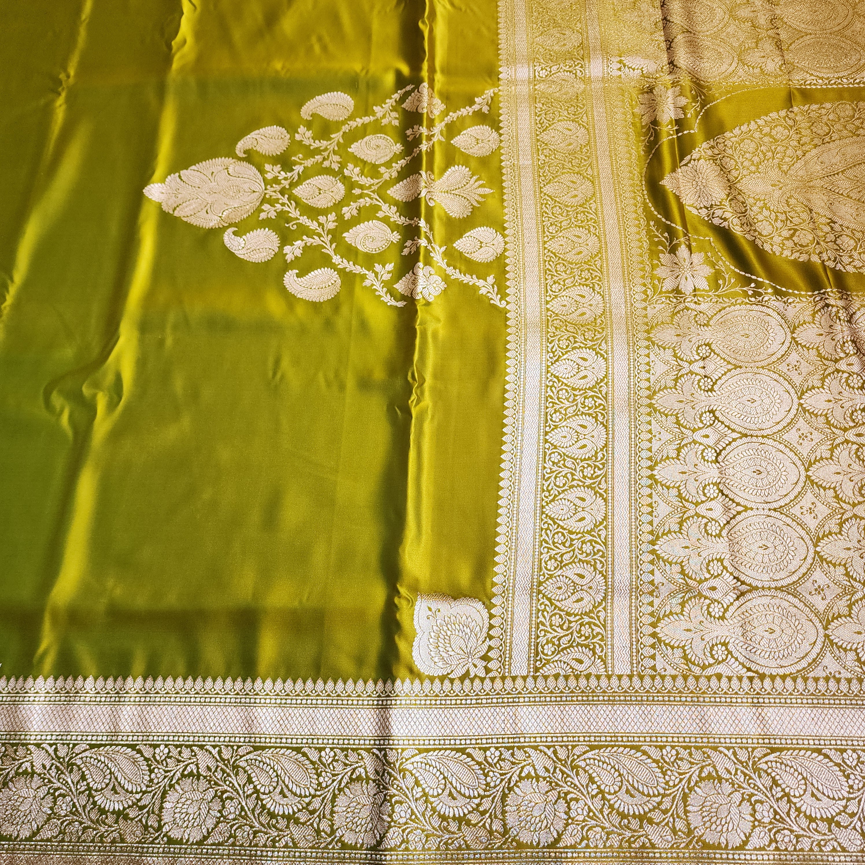 Olive Green Pure Banarasi Katan Silk Saree with light Gold Zari Weaving