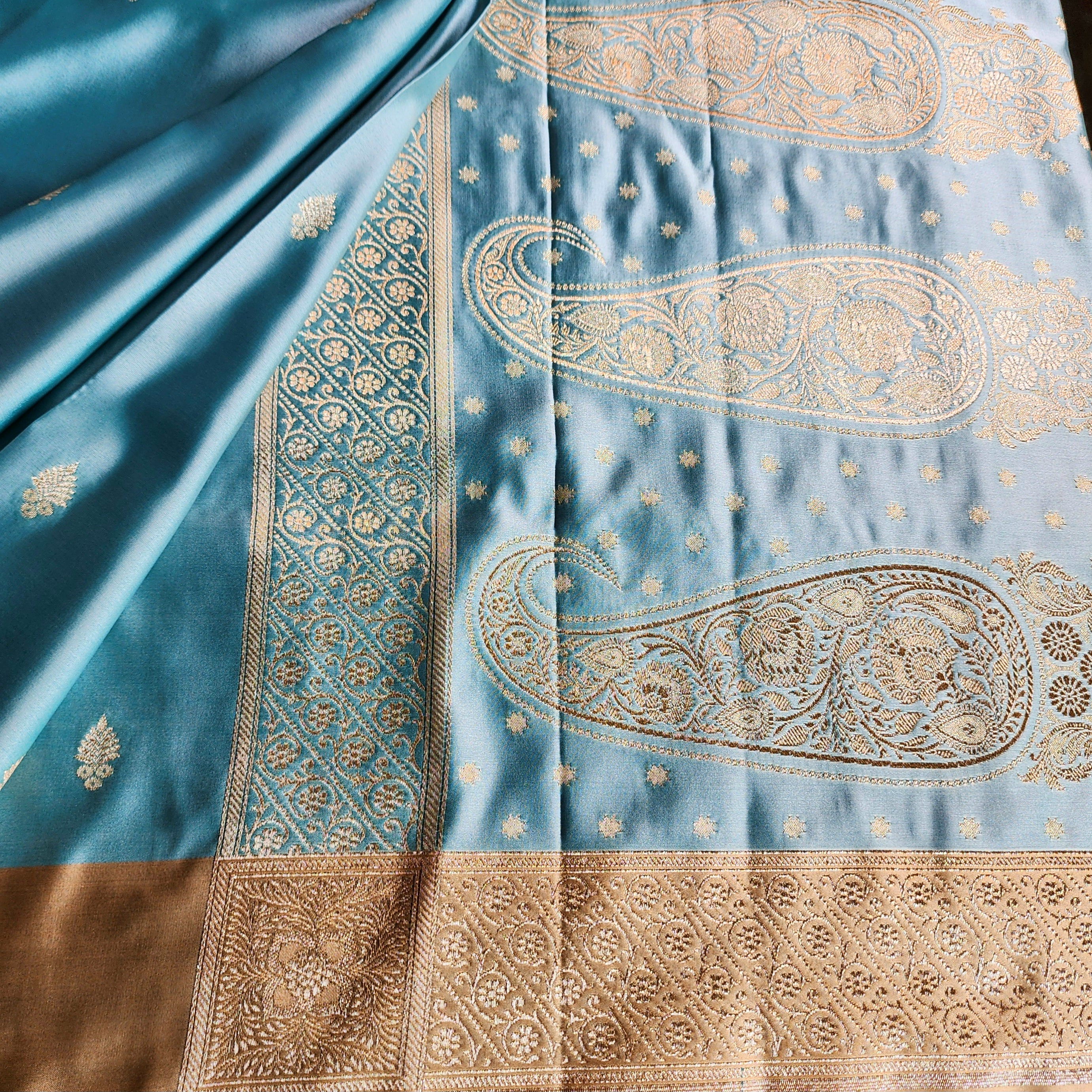 Blue Katan Silk Saree with Beige Gold Zari Border