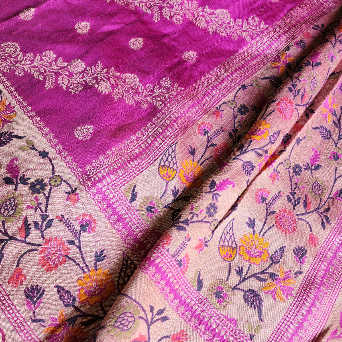 Soft Lavender Orchid Raw Silk Saree with Pastel Floral Weaving and Ivory Border
