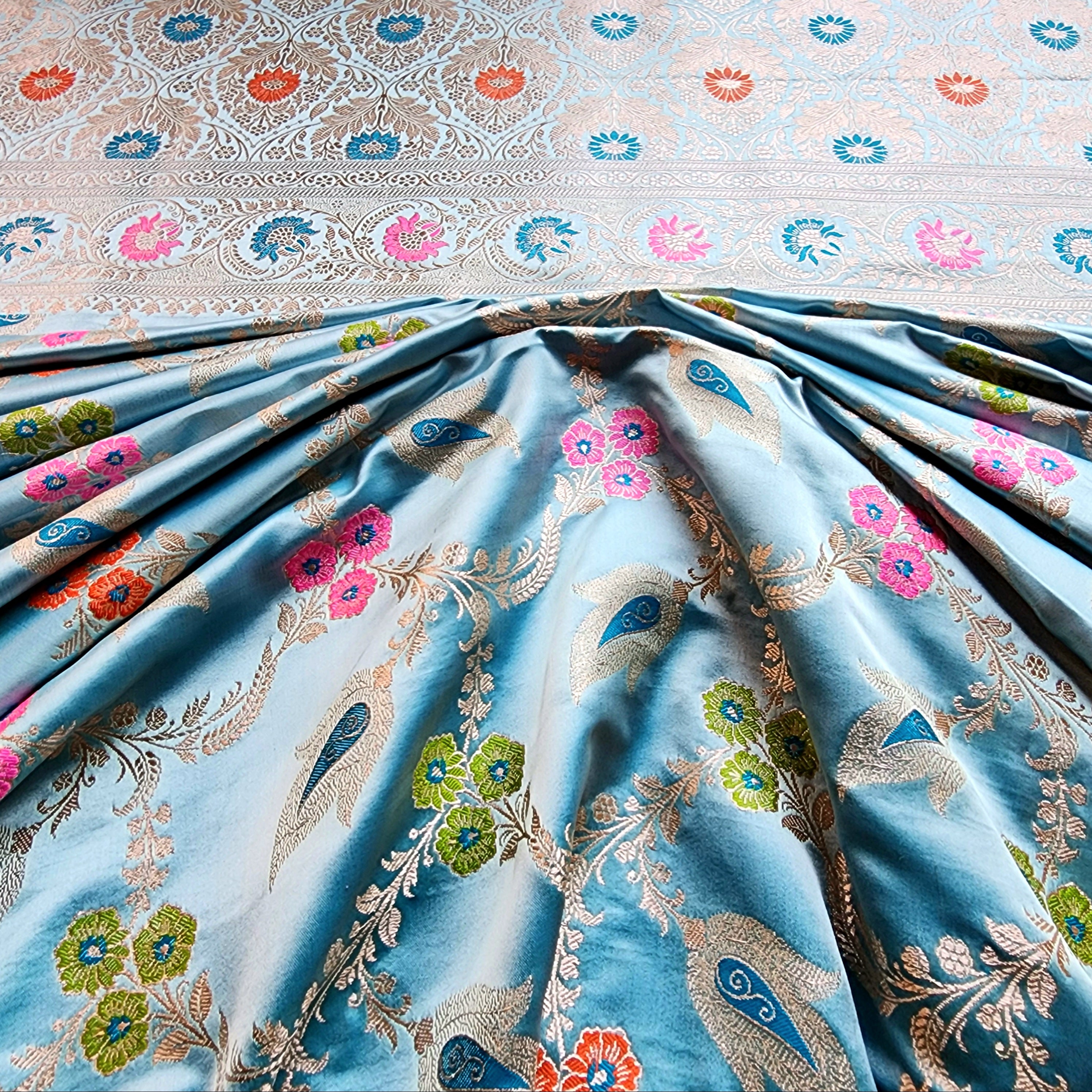 Enriched Powder Blue Banarasi Katan Silk Saree with Multicolor Meenakari Floral Jaal