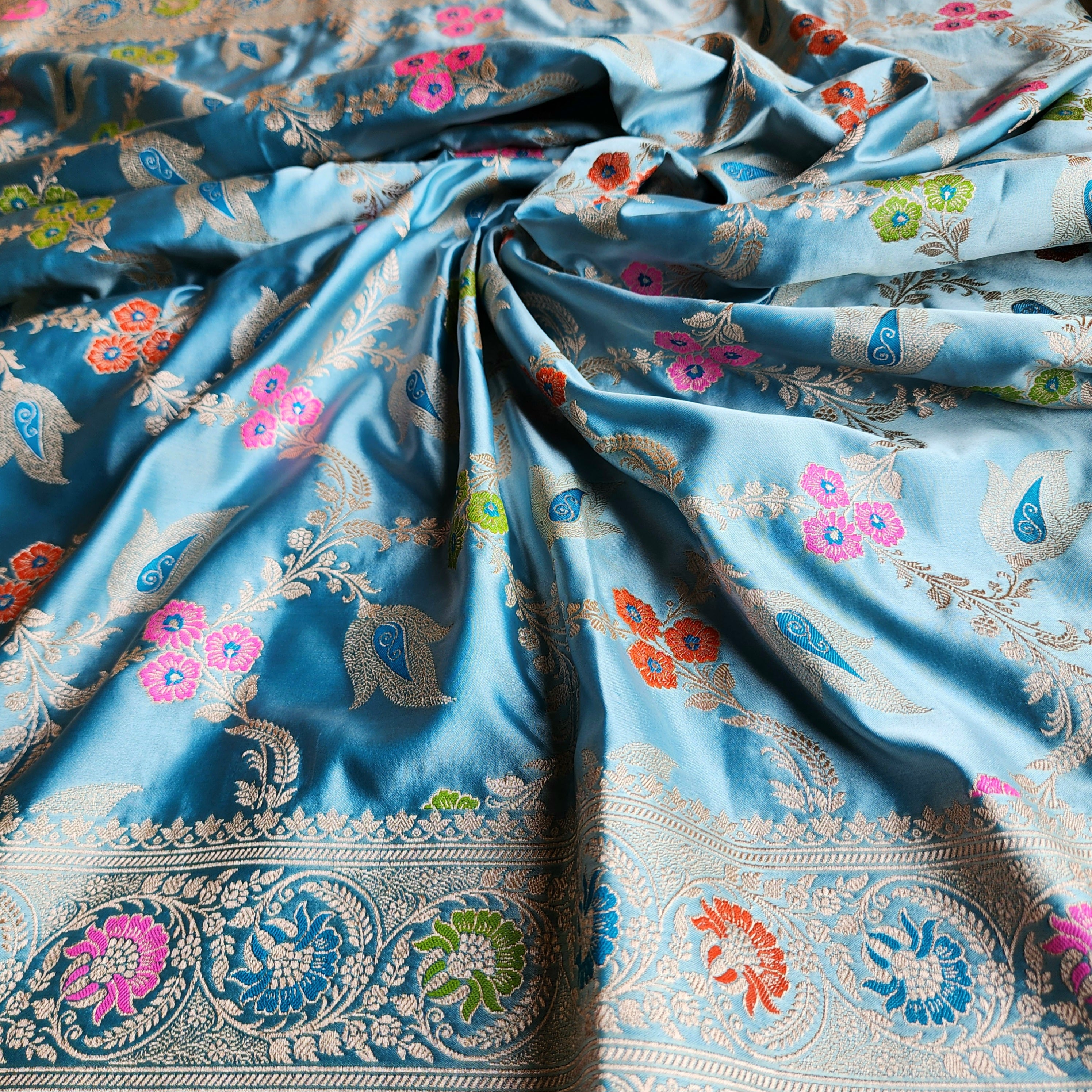 Enriched Powder Blue Banarasi Katan Silk Saree with Multicolor Meenakari Floral Jaal