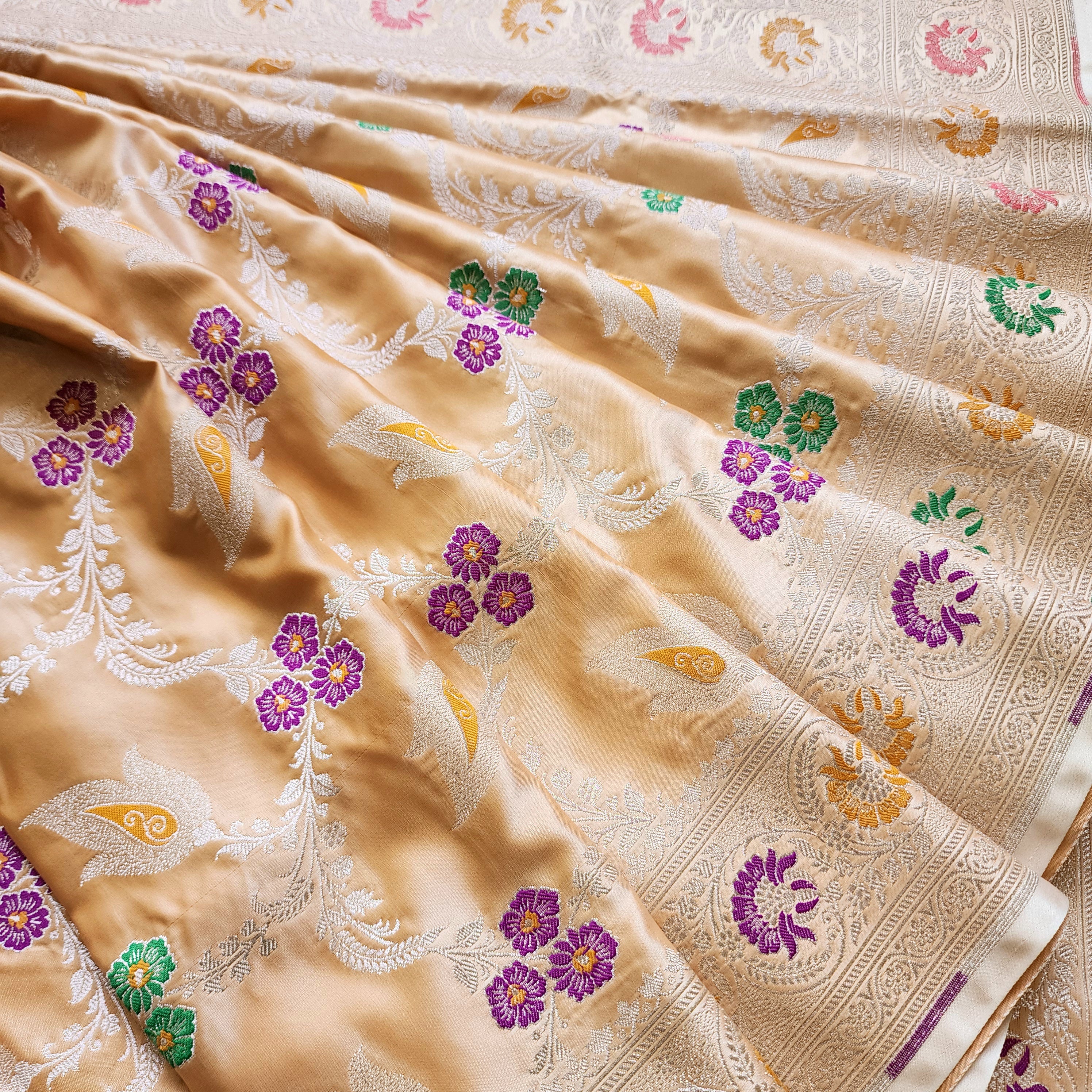 Enriched Dark Orange Banarasi Katan Silk Saree with Multicolor Meenakari Floral Jaal