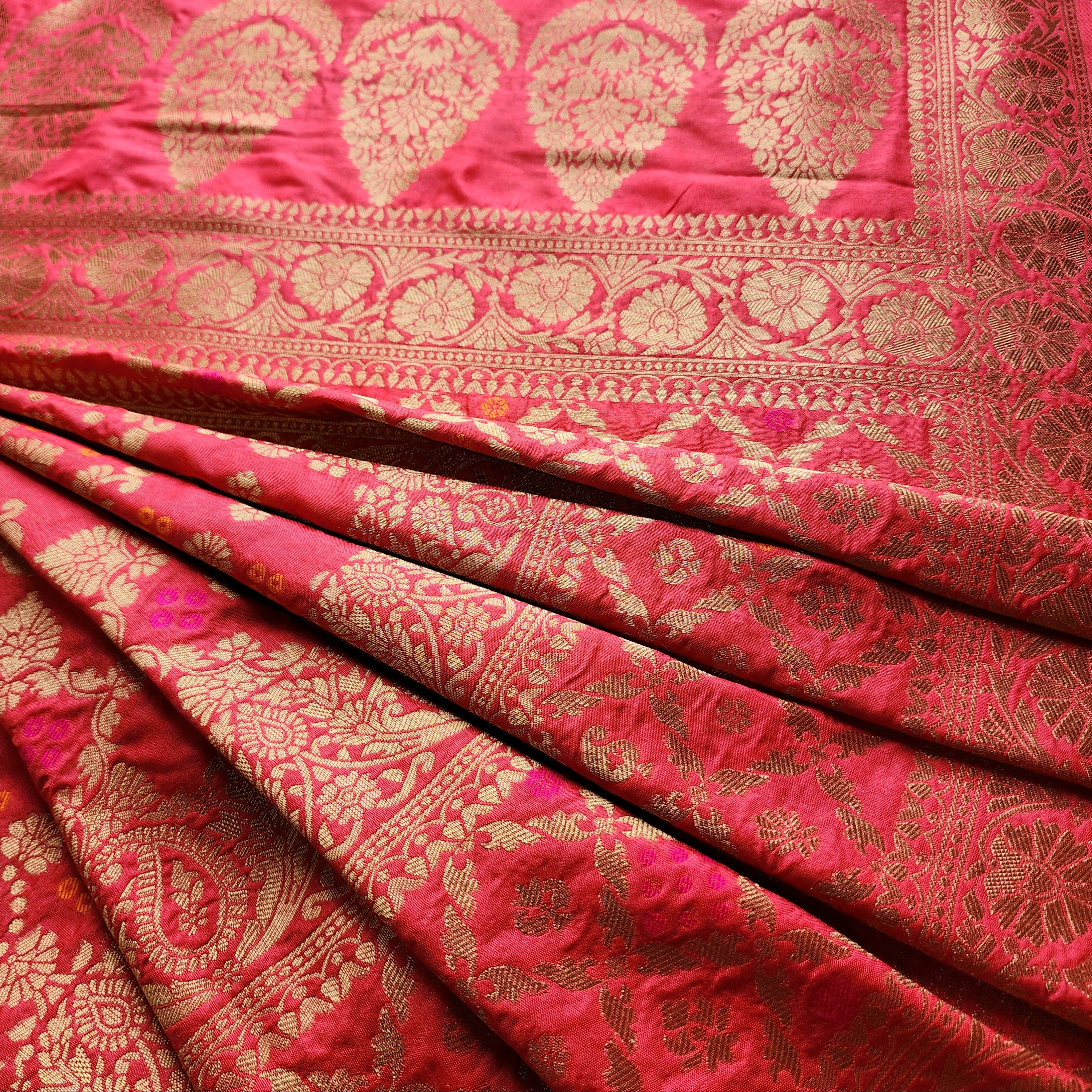 Rose Pink Bandhani Dupatta with Floral and Geometric Zari Weave