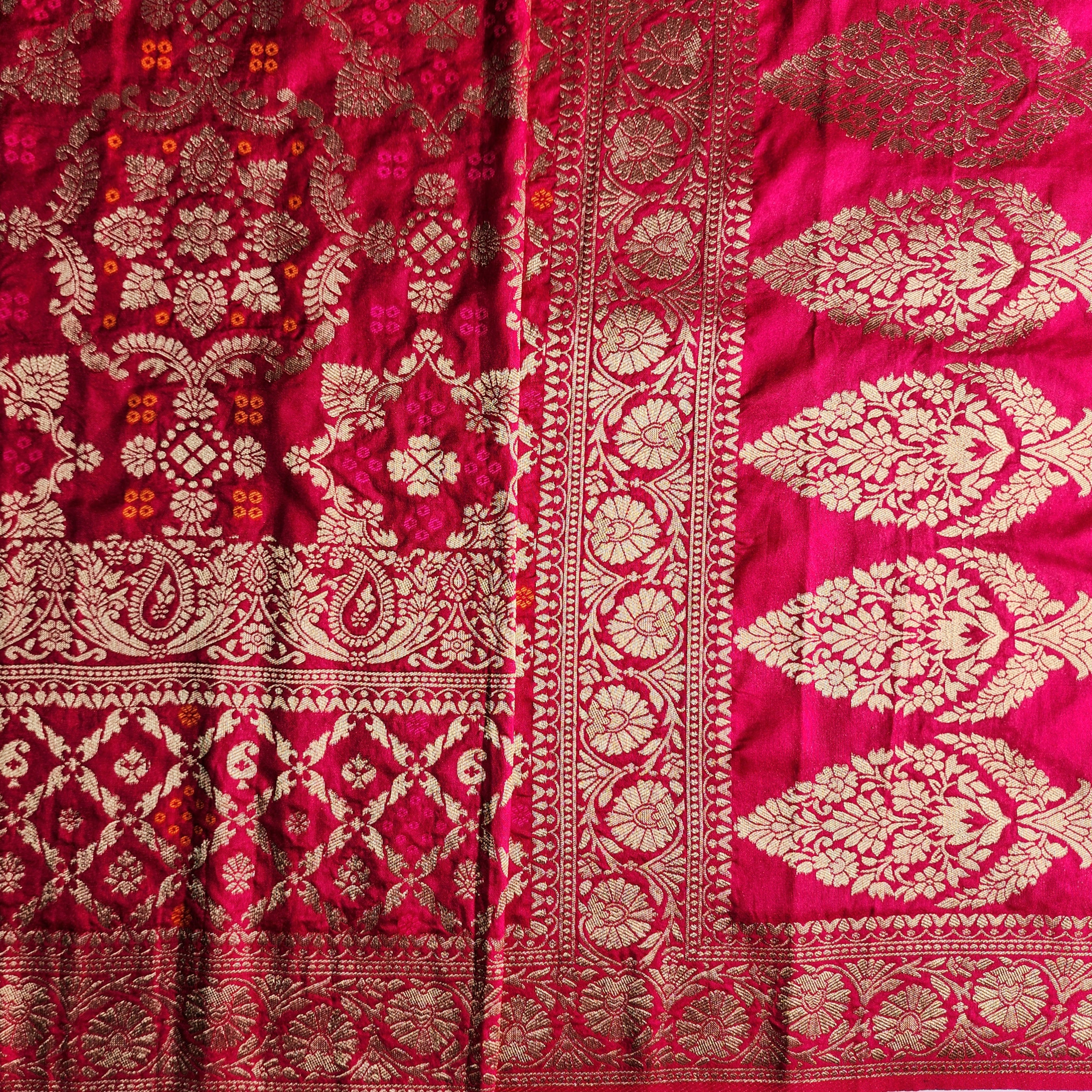 Wine Magenta Bandhani Dupatta with Floral and Geometric Zari Weave