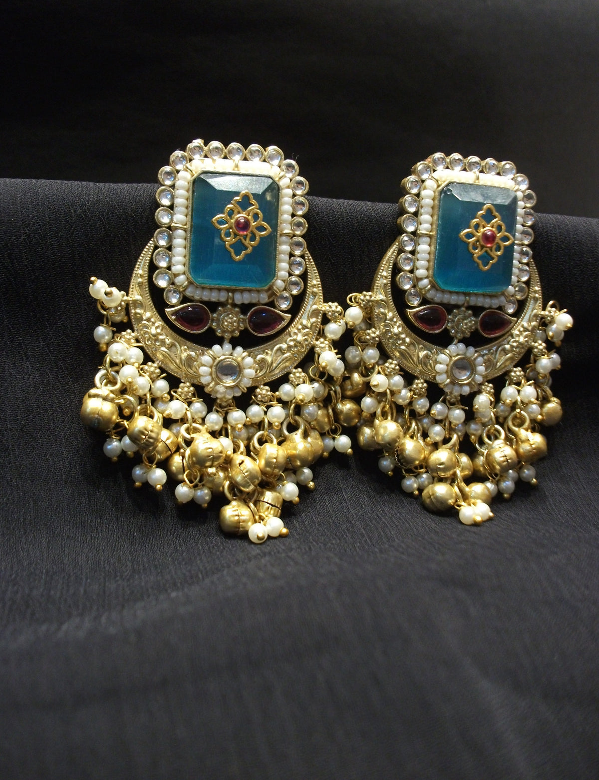 Antique Gold Kundan Style Teal Blue Earrings with Hanging Pearls
