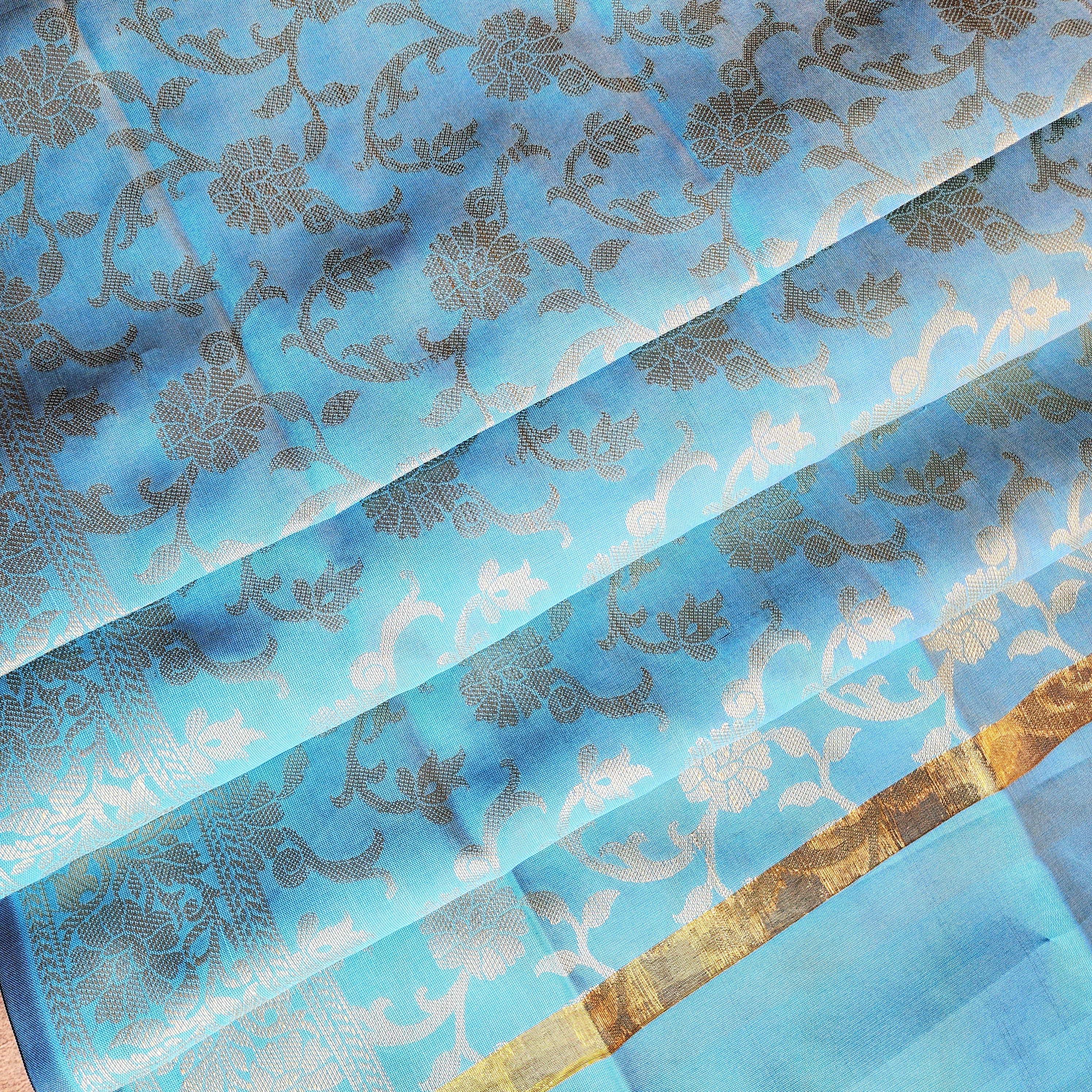 Aqua Blue Banarasi Tapetta Silk Dupatta with Gold Floral Weave
