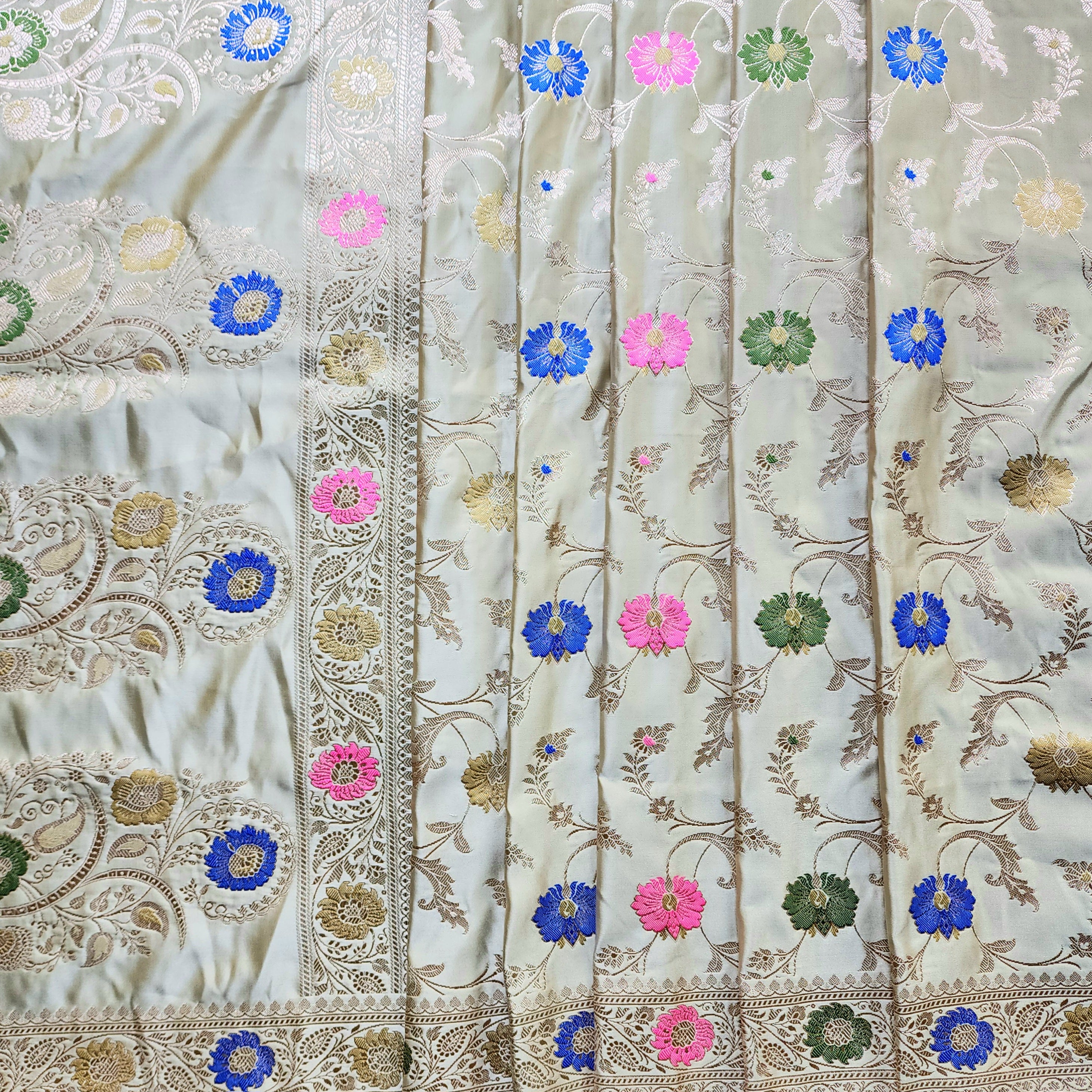 Enriched Banarasi Katan Silk Saree | Light Olive Green Multicolor Meenakari Floral Jaal
