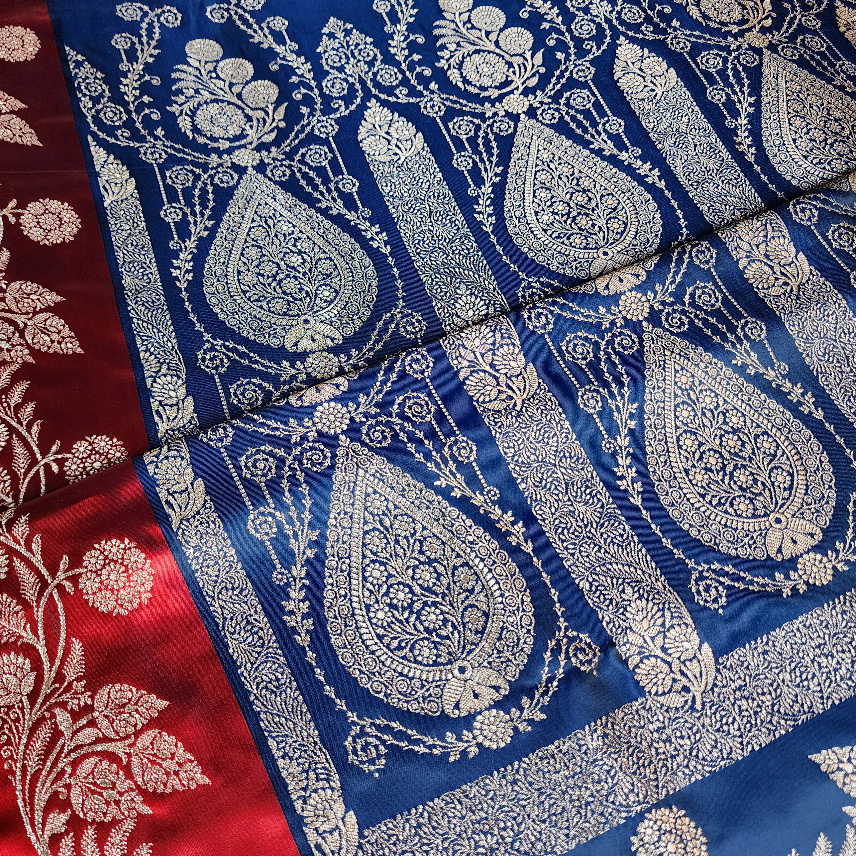 Navy Blue Pure Banarasi Katan Silk Saree with Vermilion Red Border