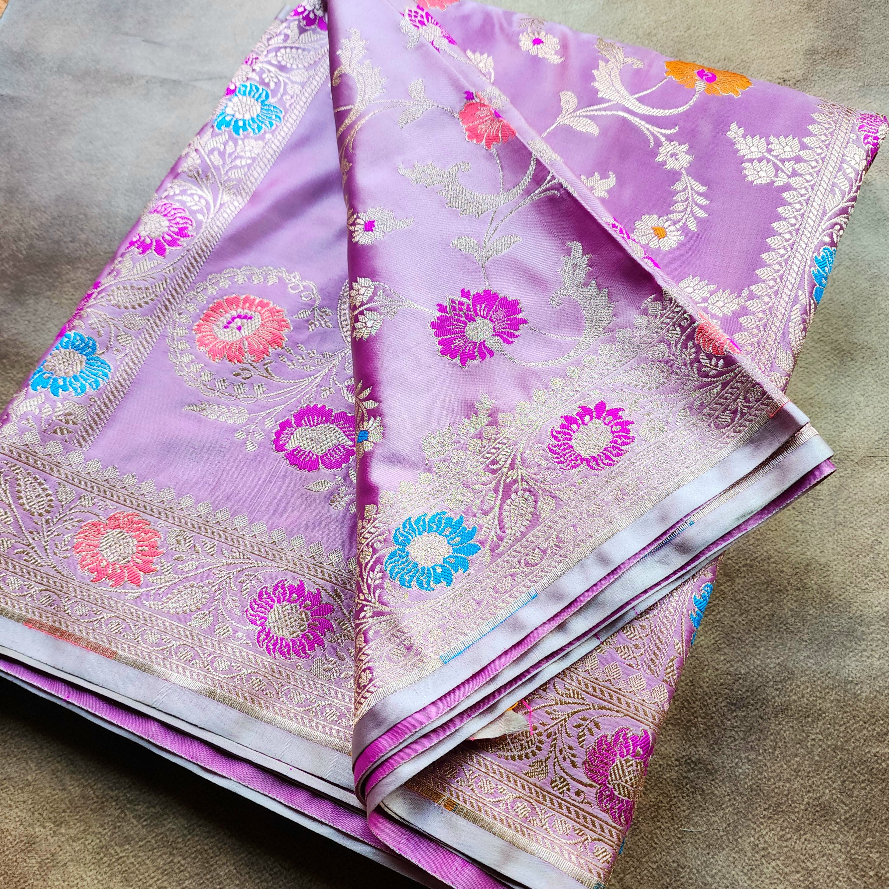 Enriched Banarasi Katan Silk Saree | Soft Lavender Pink Multicolor Meenakari Floral Jaal