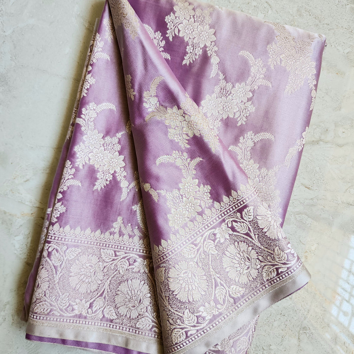 Dusty Lilac Banarasi Katan Silk Saree with Floral Vine Jaal
