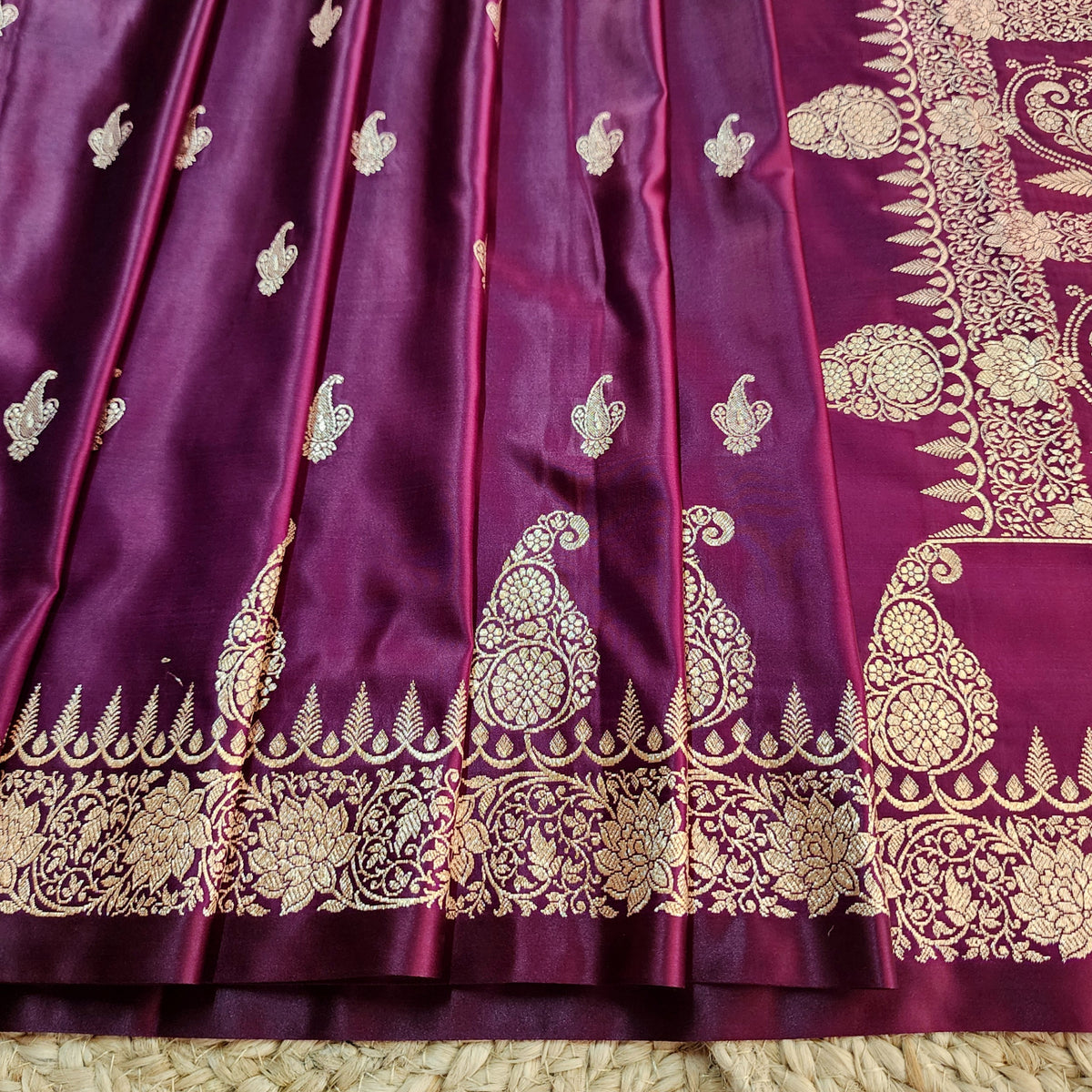Wine Paisley Katan Silk Saree with Gold Zari