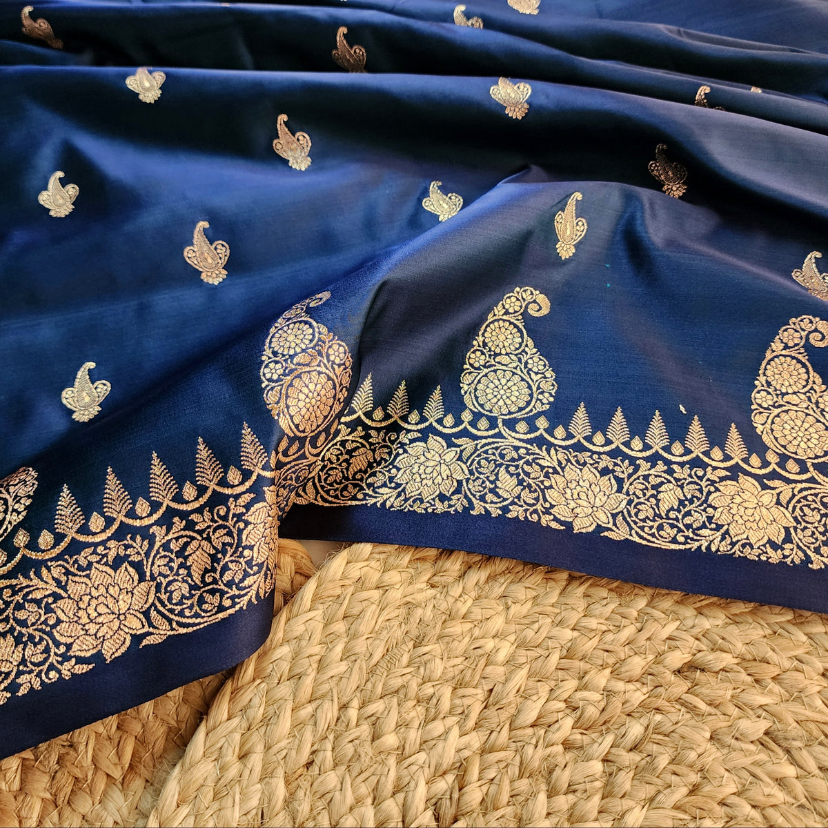 Midnight Blue Paisley Katan Silk Saree with Gold Zari