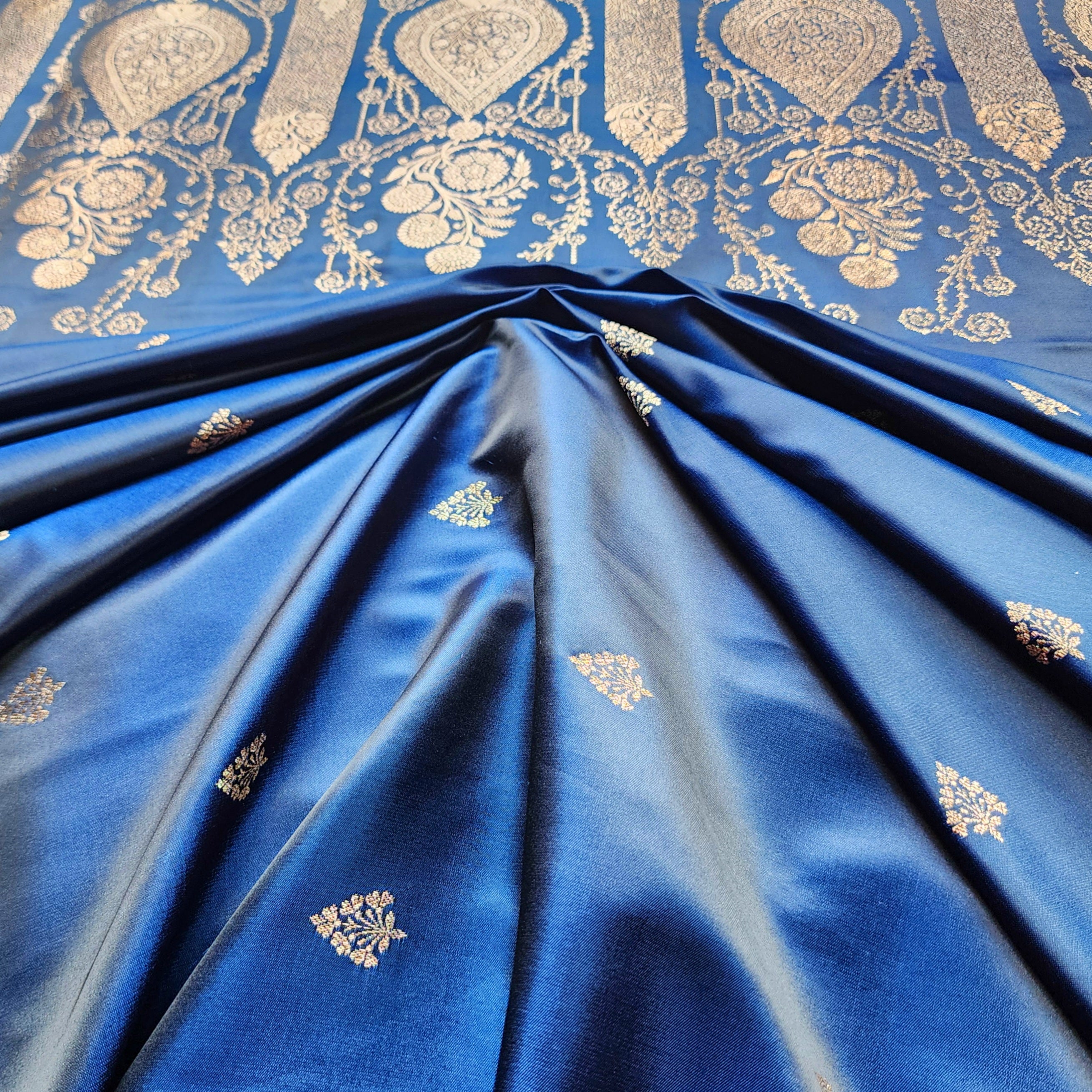 Navy Blue Pure Banarasi Katan Silk Saree with Vermilion Red Border