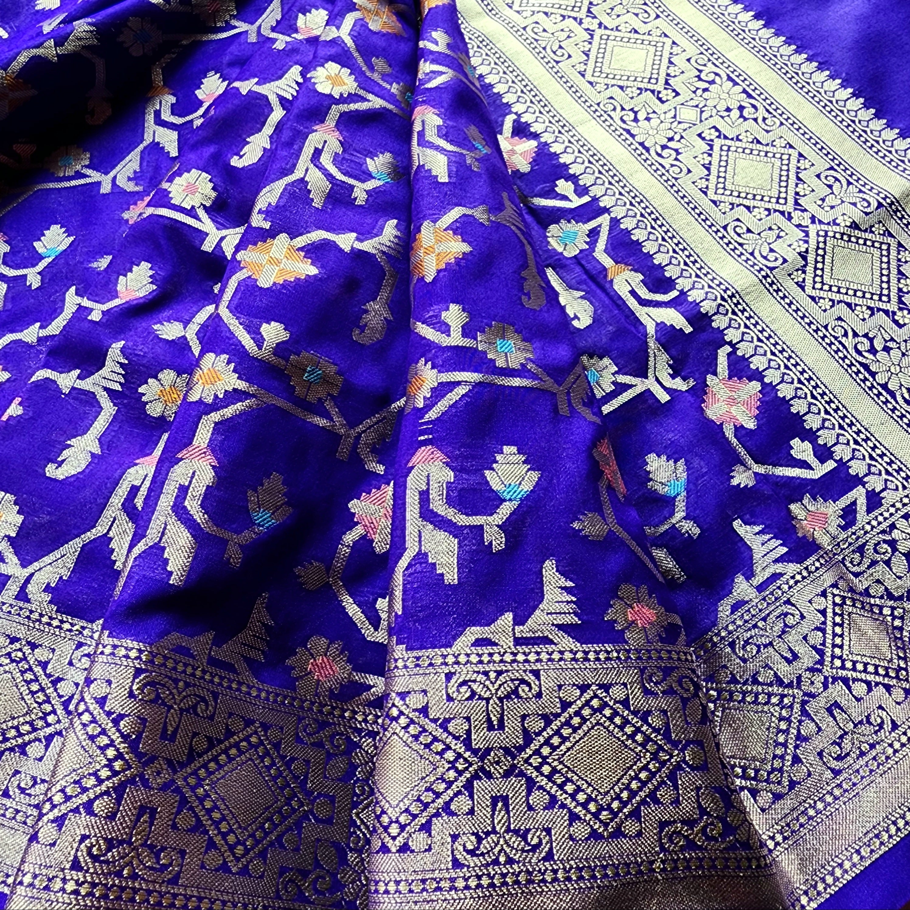 Golden Grid Banarasi Silk Dupatta with Meenakari Work in Electric Blue