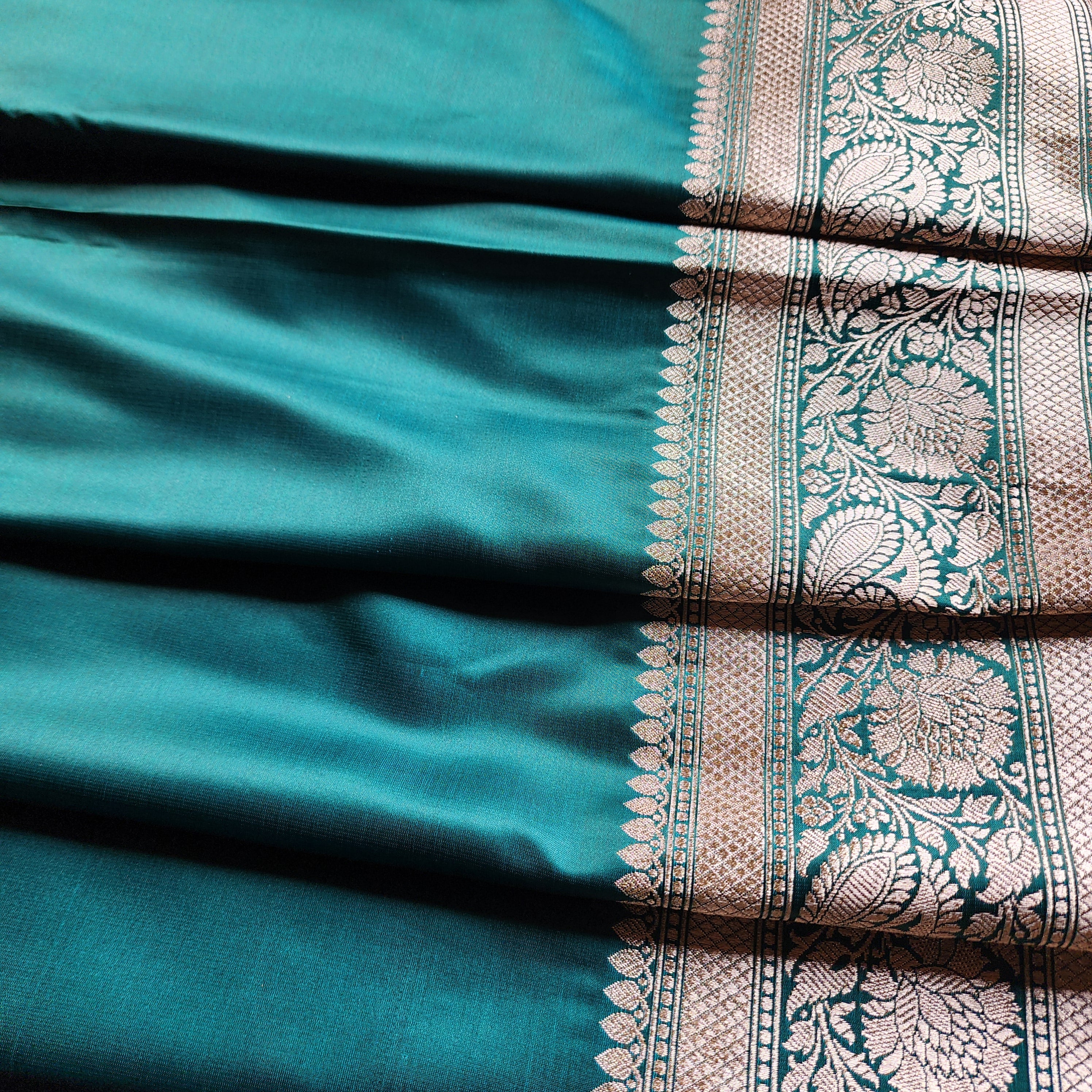 Dhoop Chhaon Teal Green Banarasi Katan Silk Saree