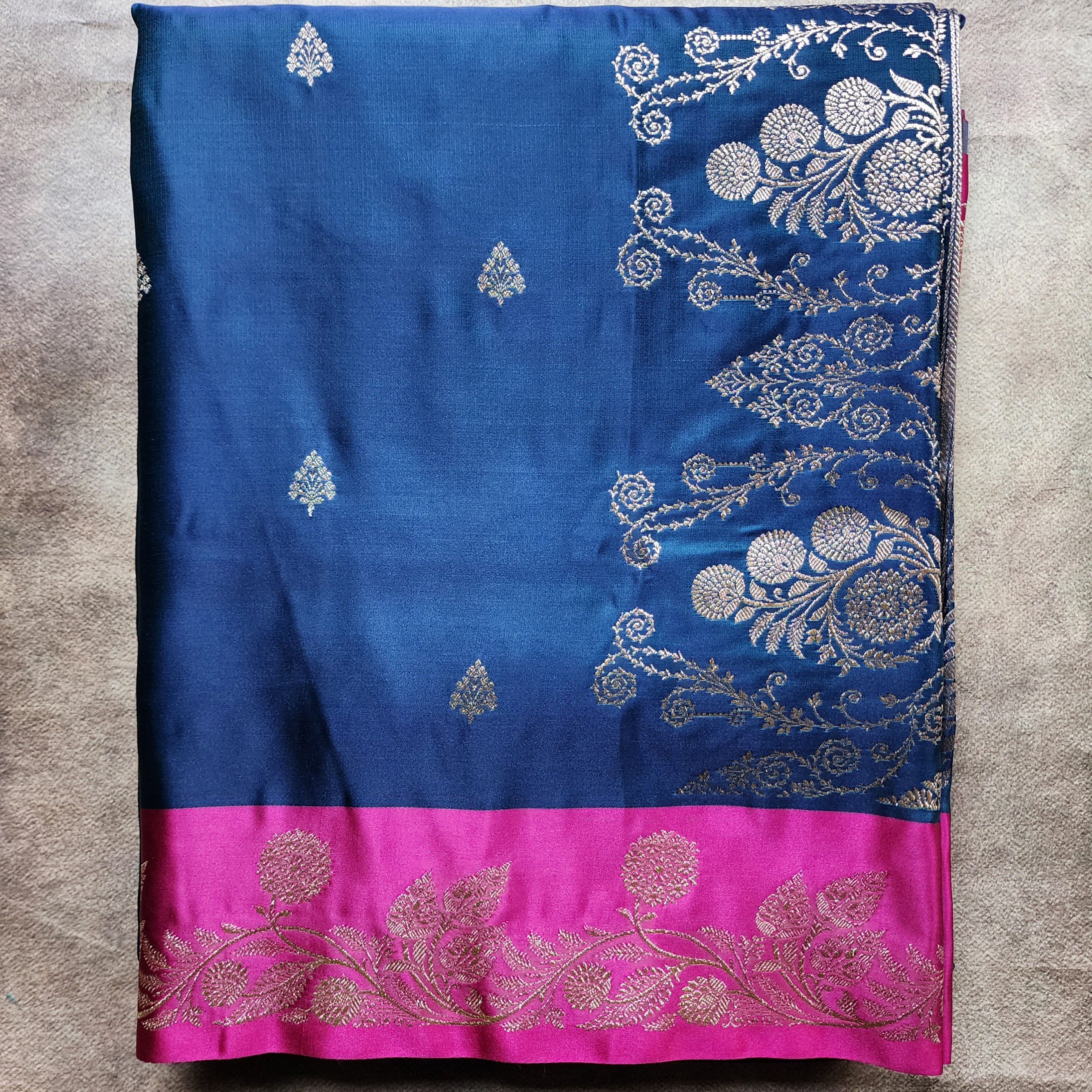 Midnight Blue Pure Banarasi Katan Silk Saree with Rani Pink Border