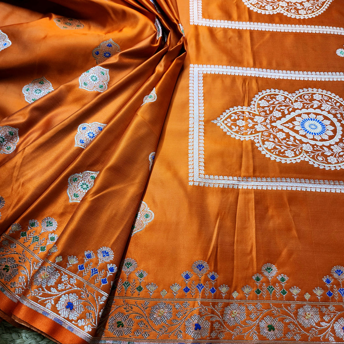 Orange Banarasi Katan Silk Saree with Multicolor Meenakari