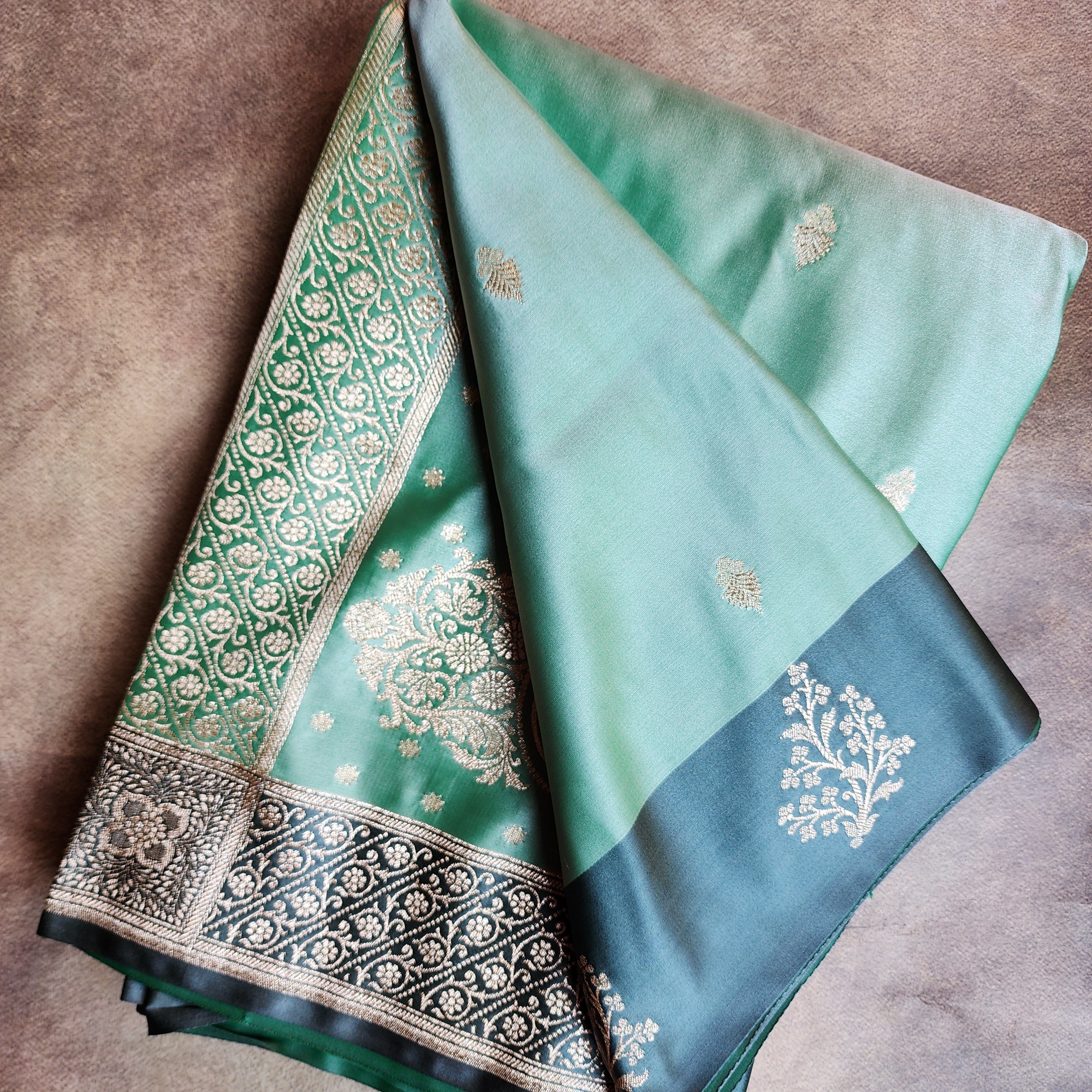 Sea Green Katan Silk Saree with Peacock Green Silver Zari Border