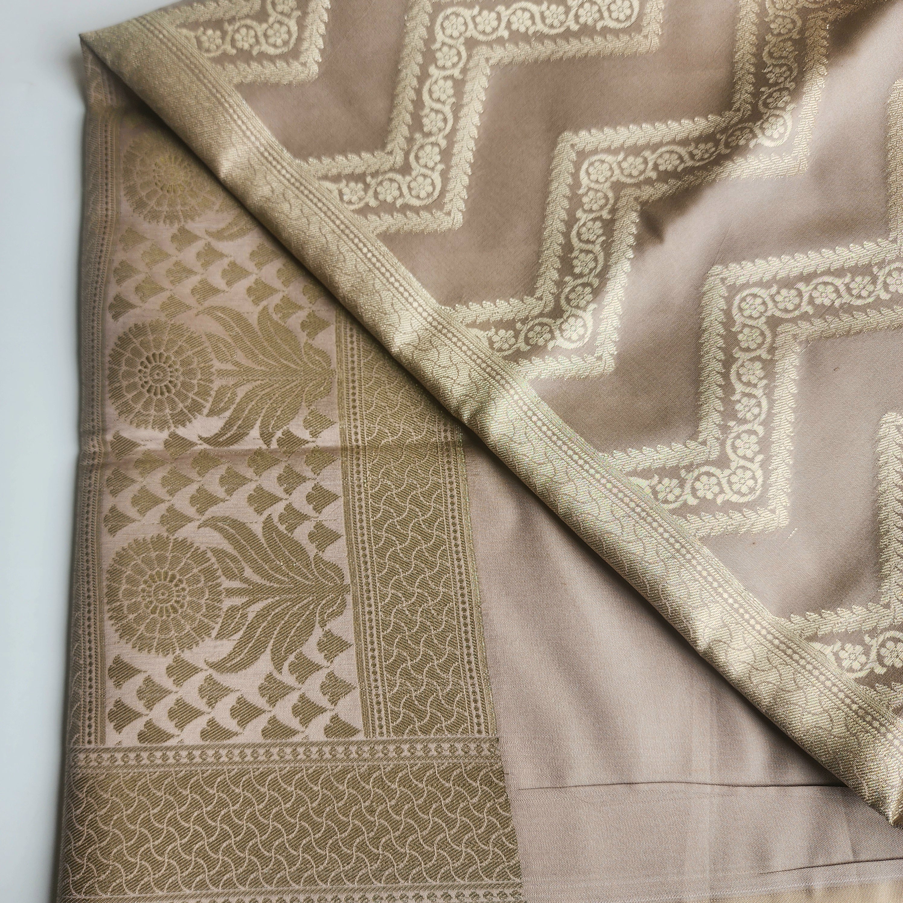 Light Mushroom Banarasi Dupatta with Golden Zigzag Pattern