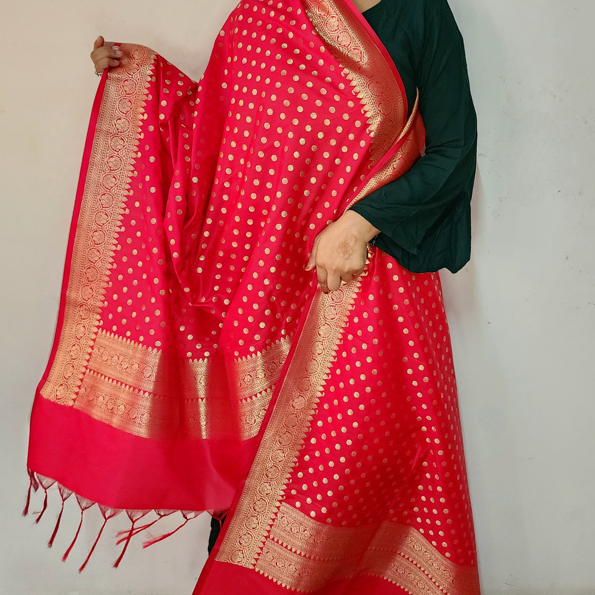 Classic Red Banarasi Silk Dupatta with Gold Polka Dot