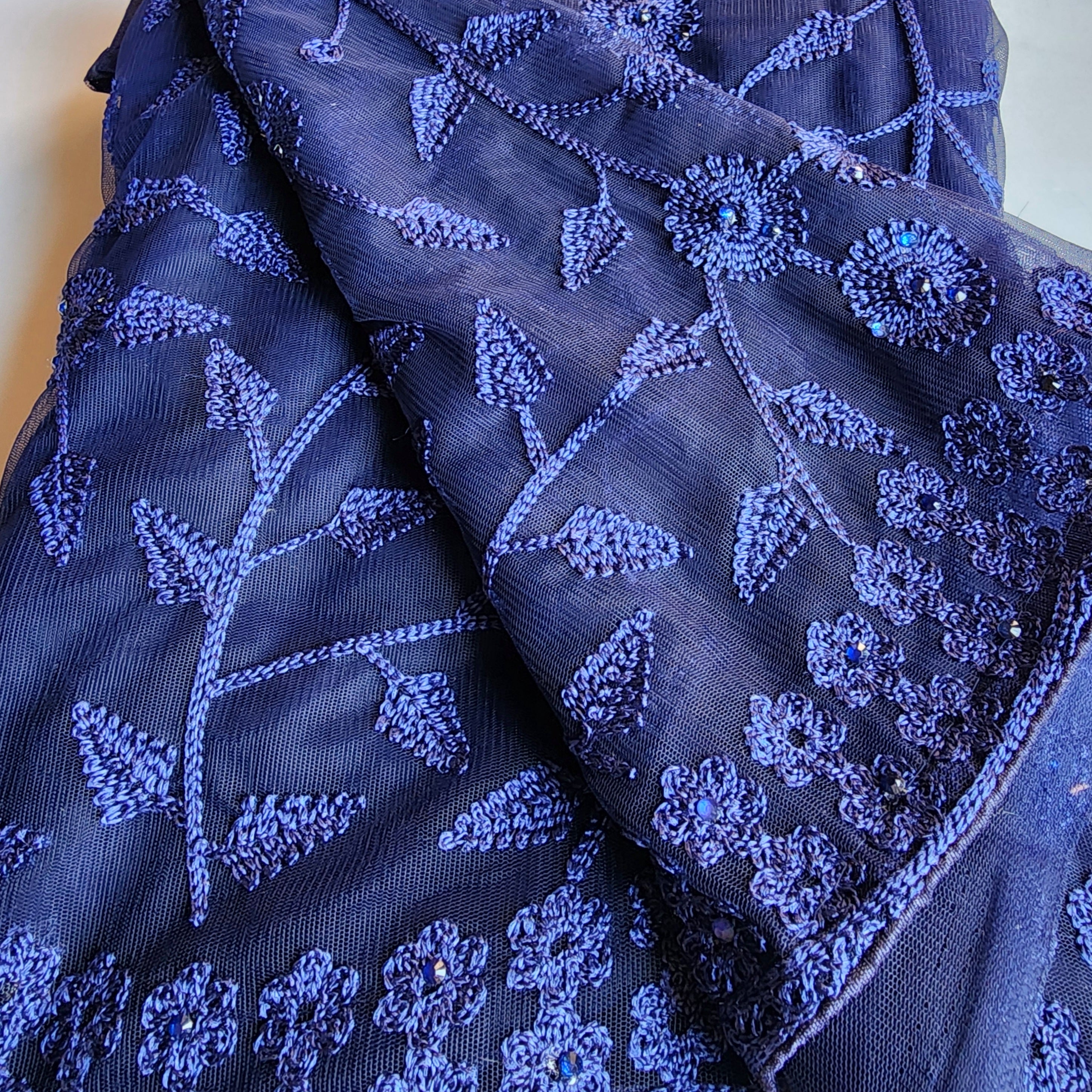 Embroidered Net Designer Saree in Dark Blue