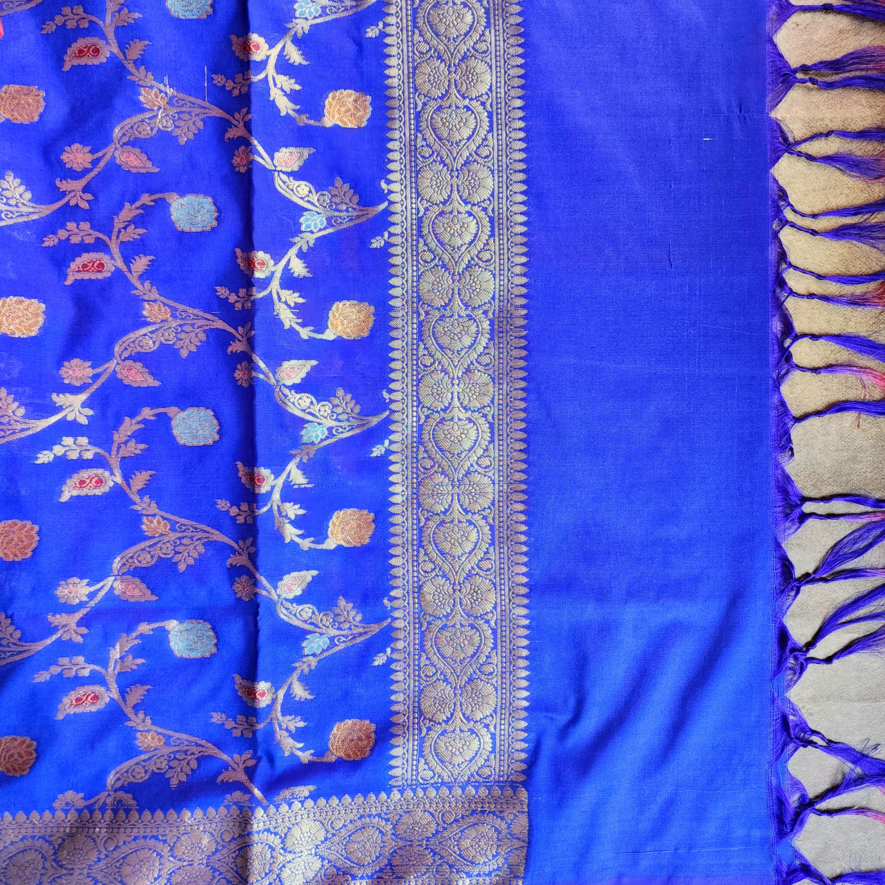 Royal Blue Banarasi Silk Dupatta with Gold Zari Border & Multicolor Meenakari Work