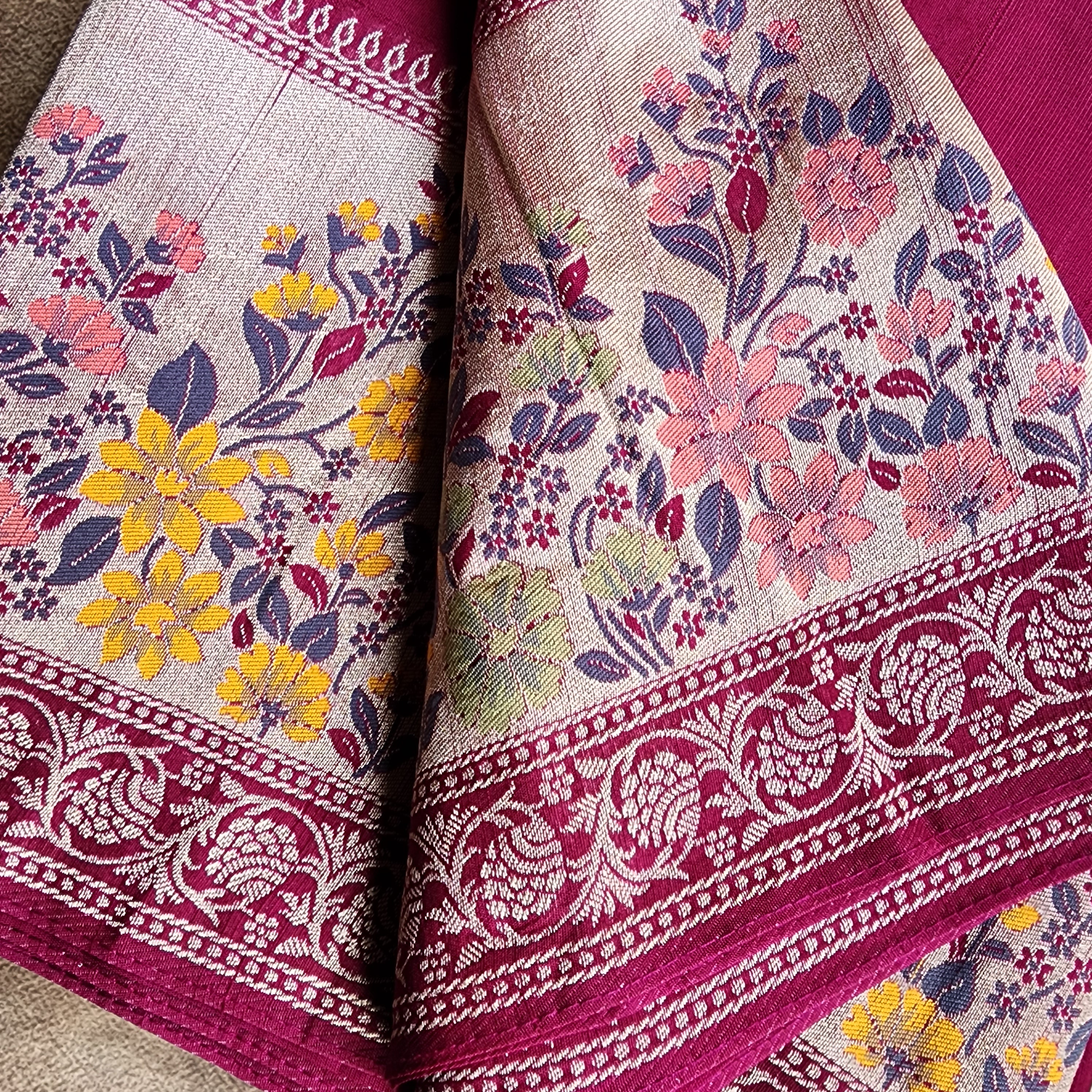 Soft Wine Raw Silk Saree With Pastel Floral Weaving and Off White Border