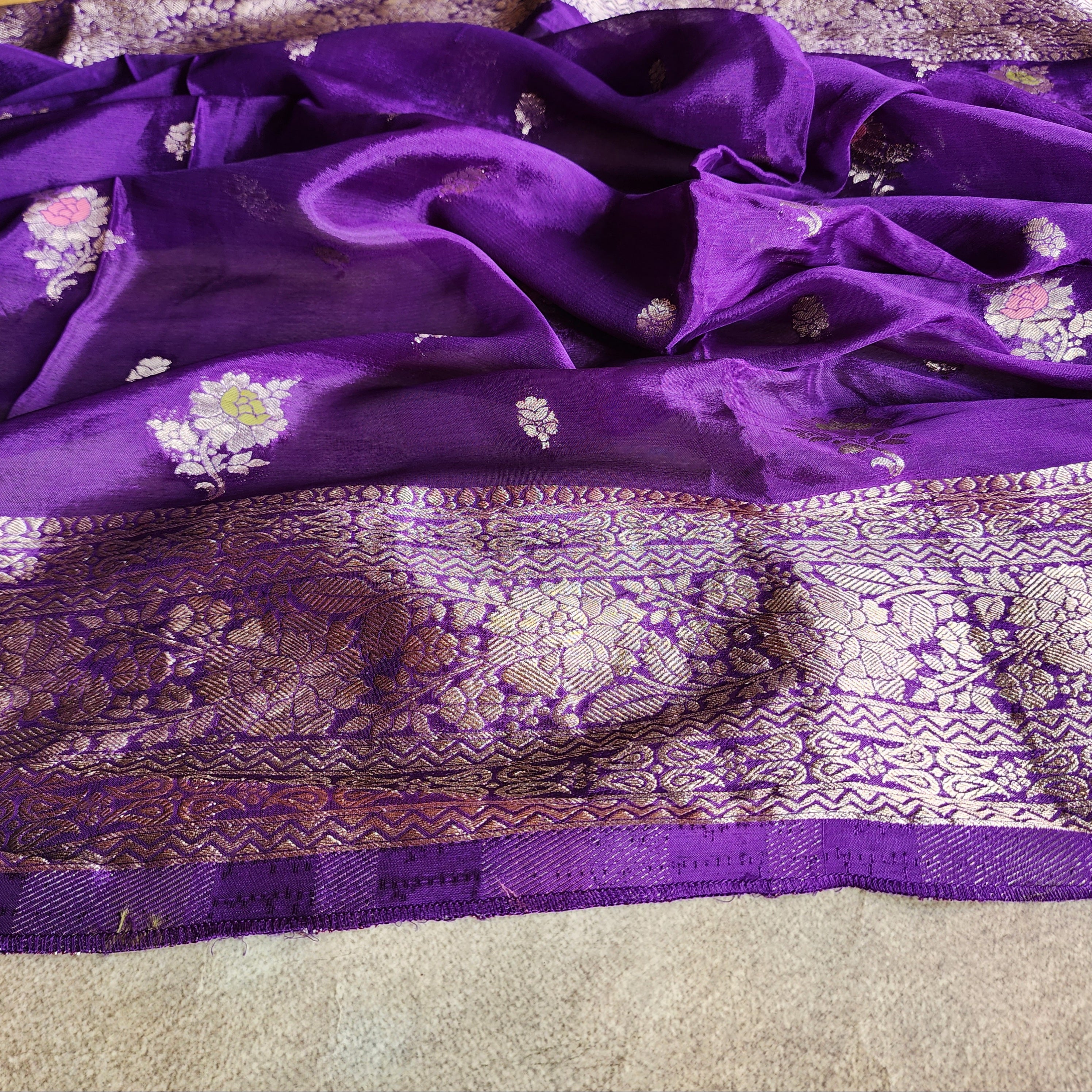 Royal Violet Pure Crepe Silk Saree with Gold Zari Border